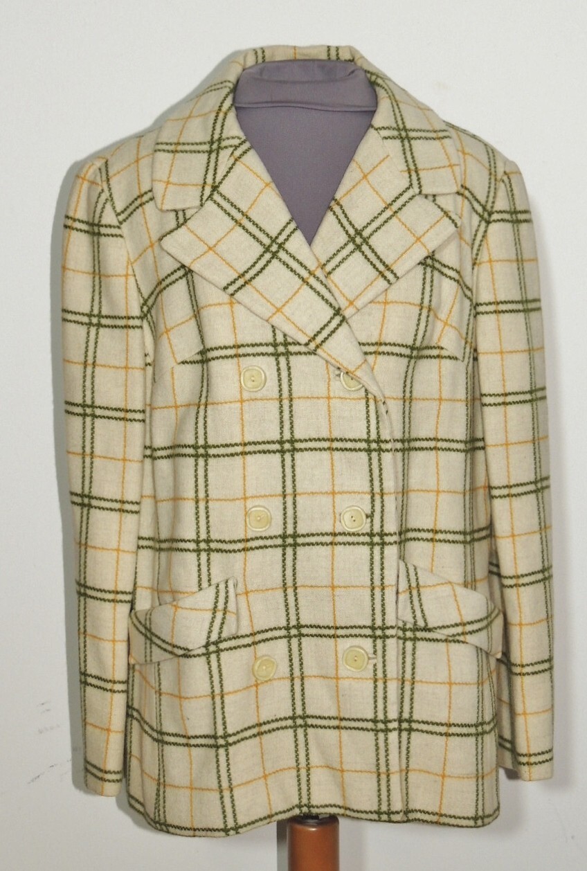 1960&rsquo;s Green / Orange / Ivory Plaid Double Breasted Wool or Blend Jacket MED