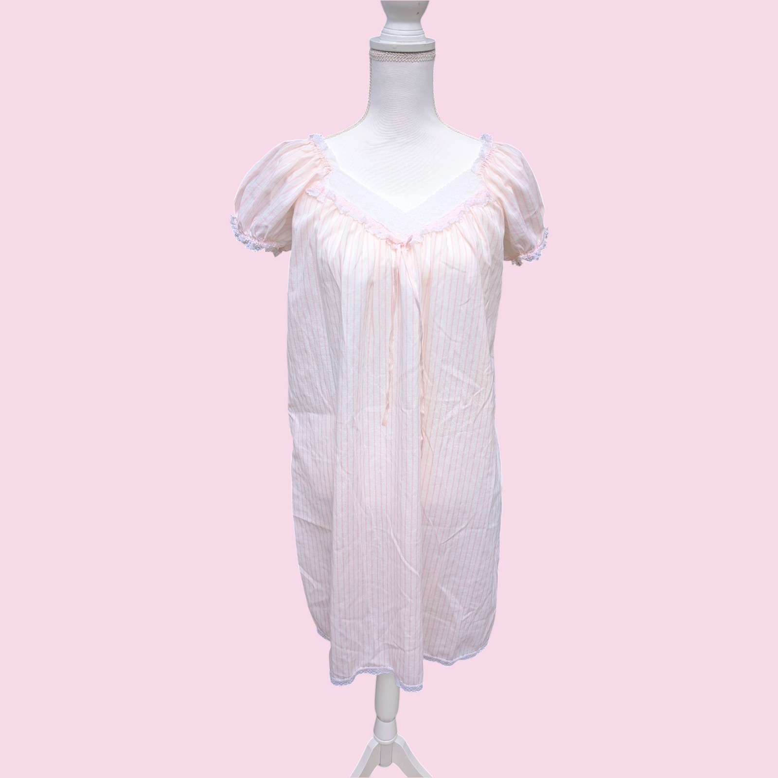 Vintage 80s Miss Elaine Nightgown Pink Stripe Lace Union Made USA Puff Sleeve S