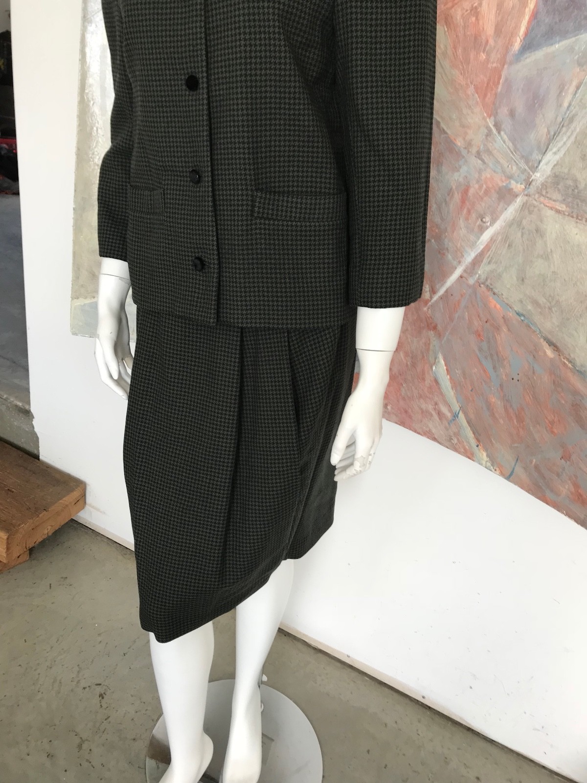Sylvia Heisel Wool Herringbone Skirt Suit Dress Green Modern Small
