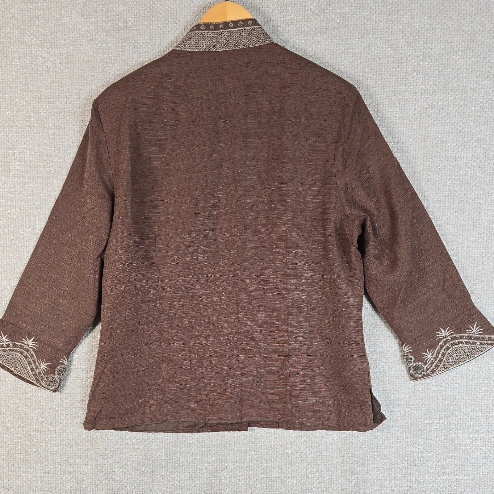 VTG Carole Little Silk Jacket XL Brown Beaded Embroidered Boho Art to Wear Lined
