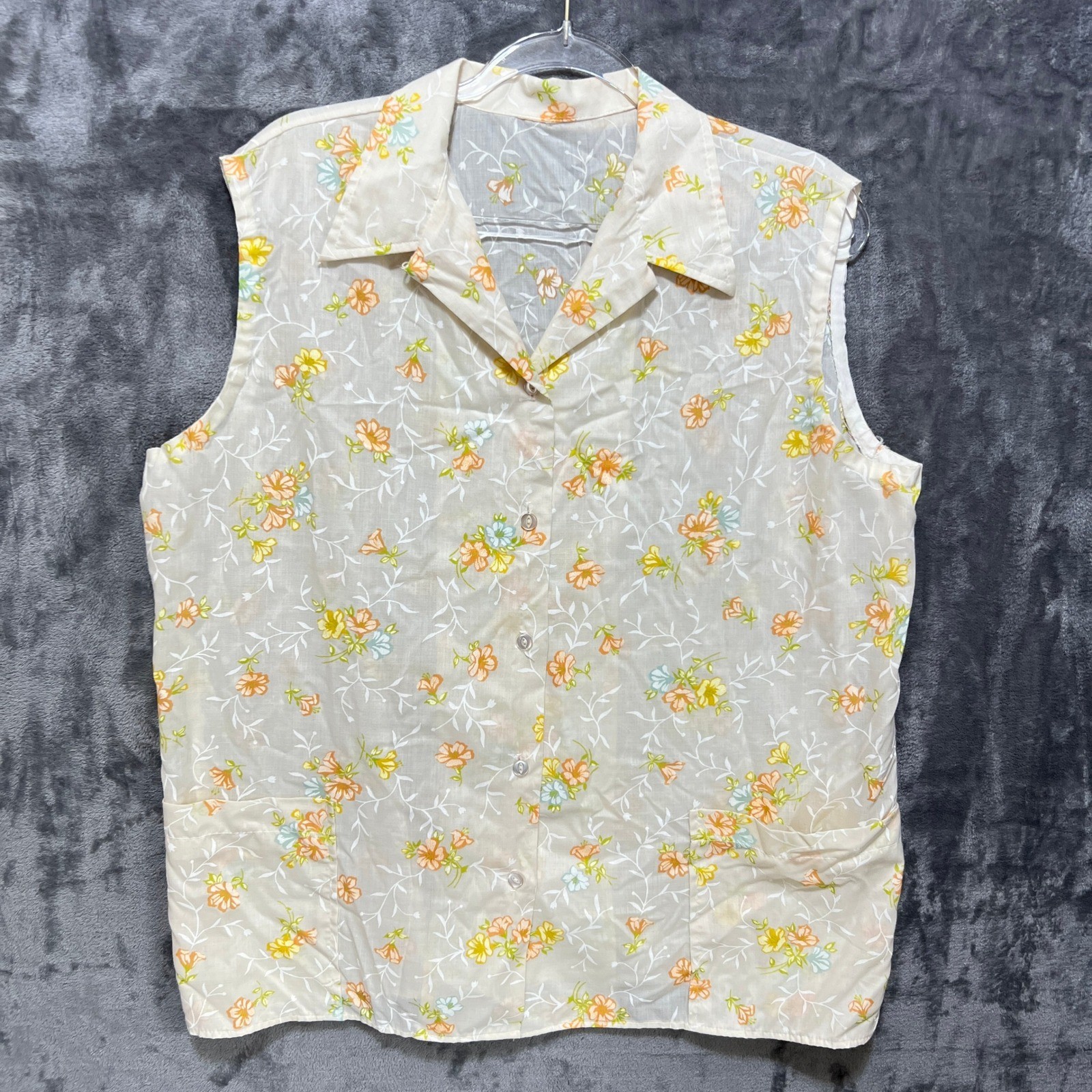 VTG Handmade Floral Sleeveless Button Down Shirt Blouse Cottage Hippy Retro Top