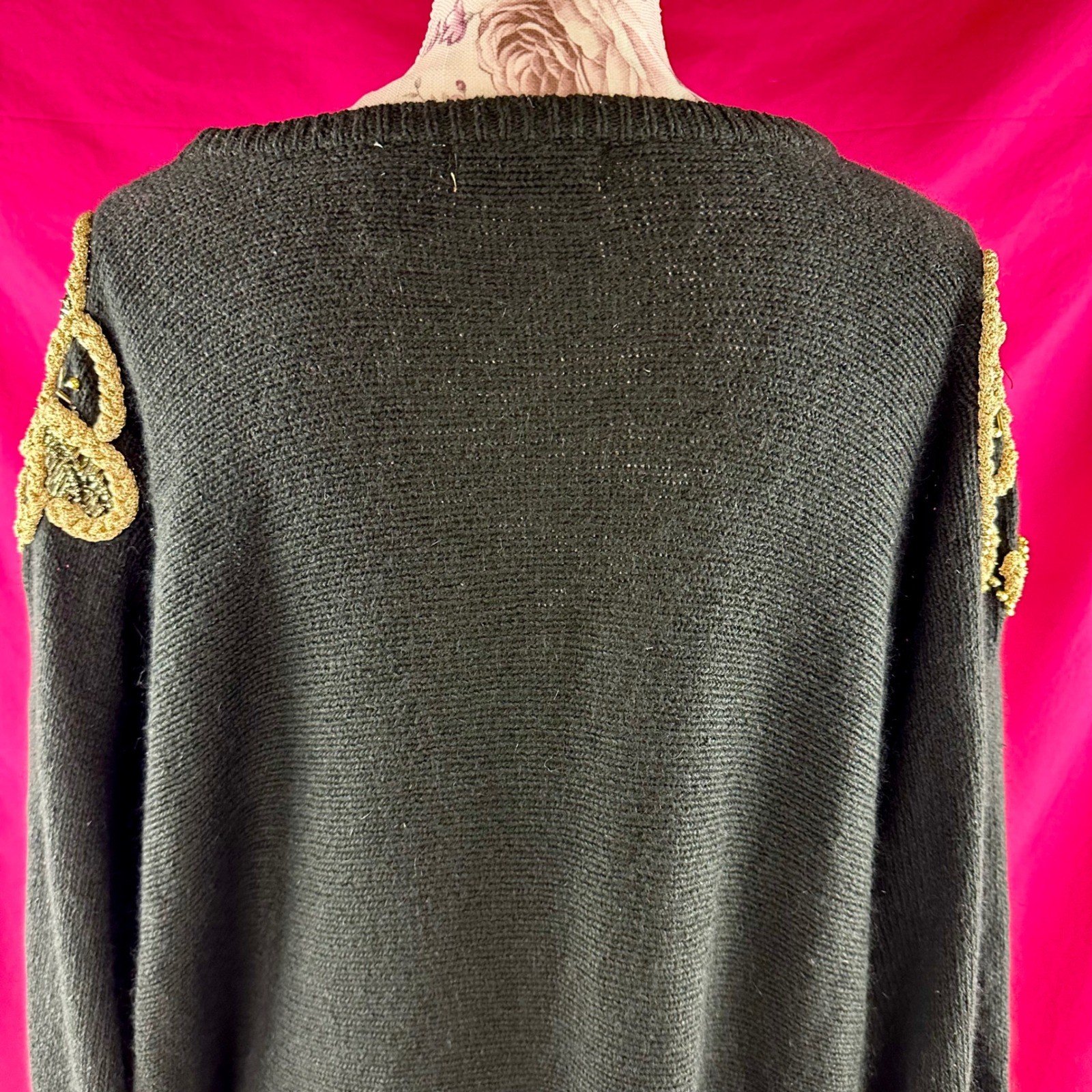 Vintage 80s Beaded Rhinestone Sweater Black Gold Angora Silk Wool NYE Plus 26/28