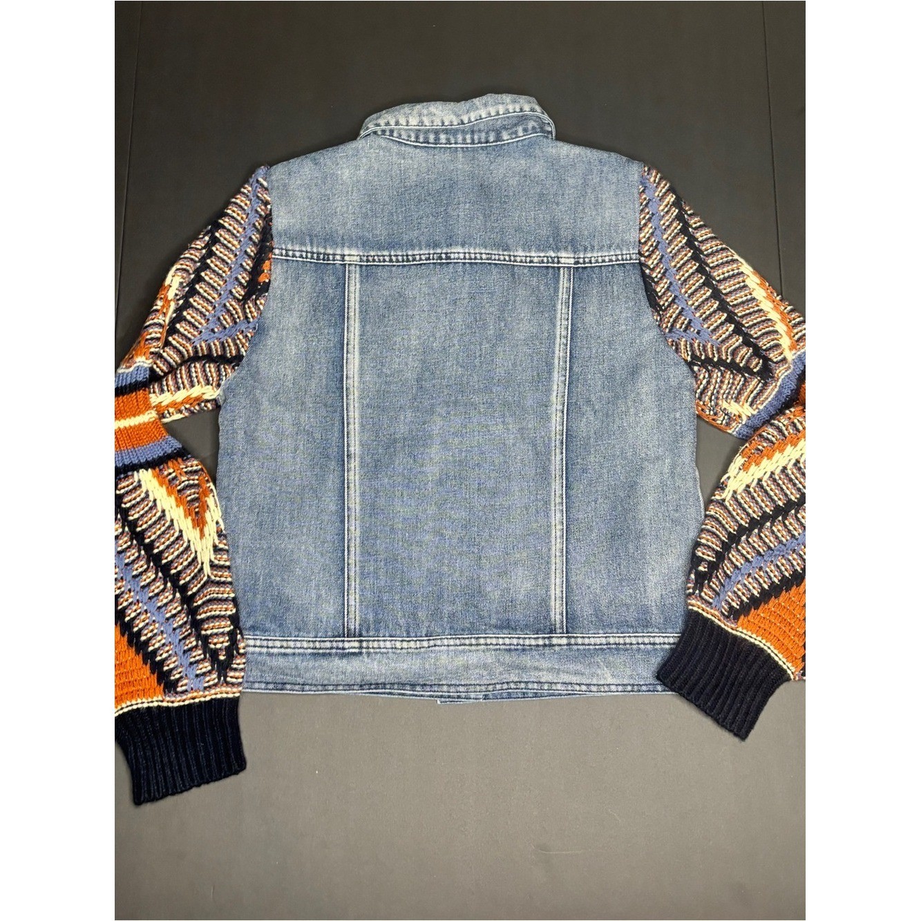 Flying Tomato Light Blue Denim Jacket with Multi-Color Knit Sleeves Size S Boho