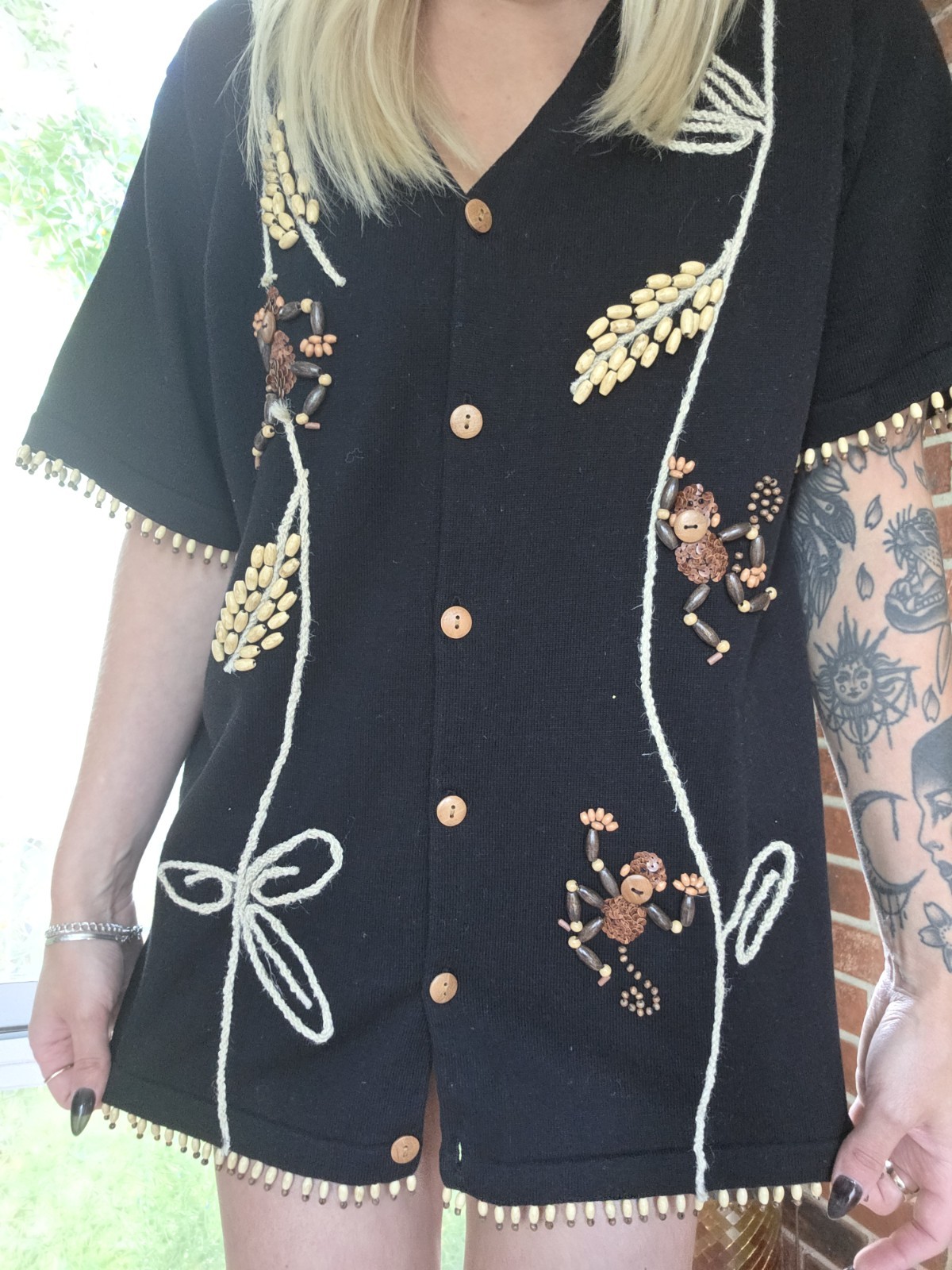 Vintage Eclectic Hand Embroidered Beaded Button Top Size L Artsy Boho Monkey