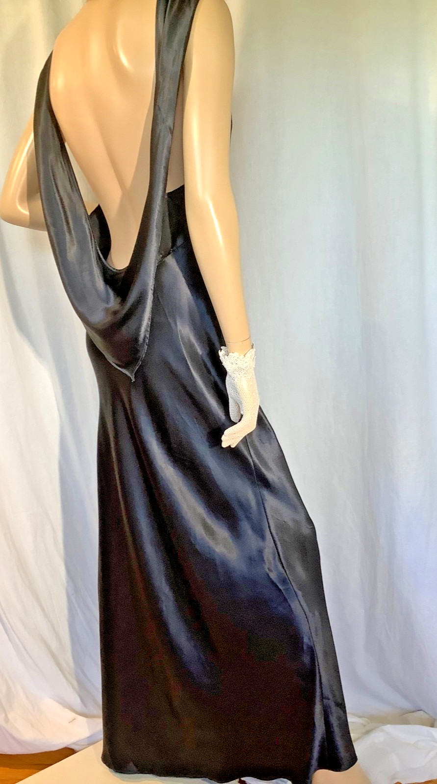 Nightgown negligee Black satin M slinky Cowl karma Bias backless 30s Art Deco