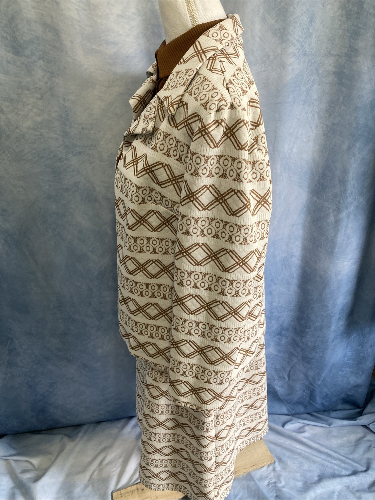 Vtg 70s Mod Geometric Dress & Jacket Set Brown Tan MCM Shift Suit Nemo Zip EUC