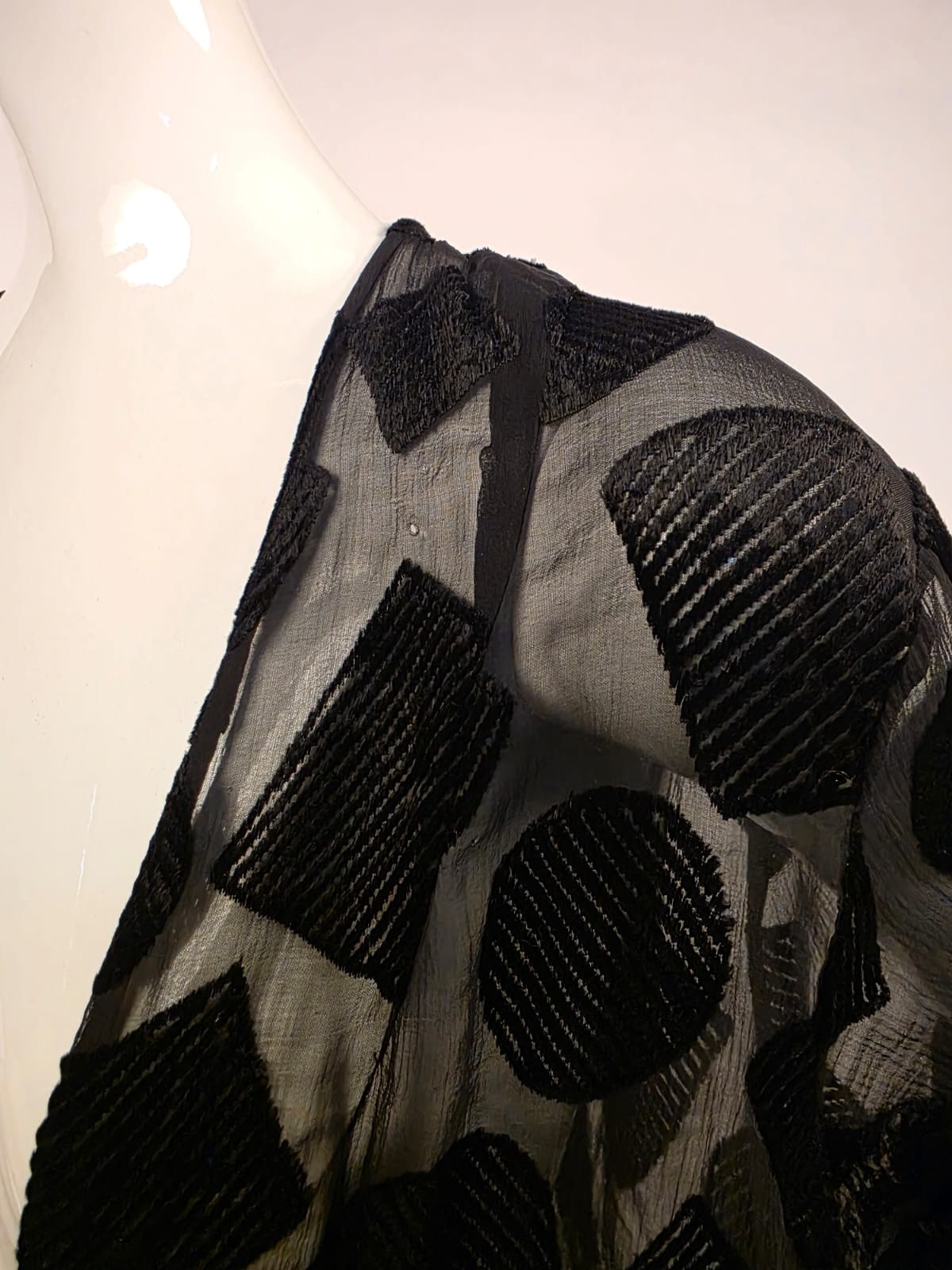 ART DECO 1920’S GEOMETRIC VOIDED BLACK VELVET JACKET W RUFFLES