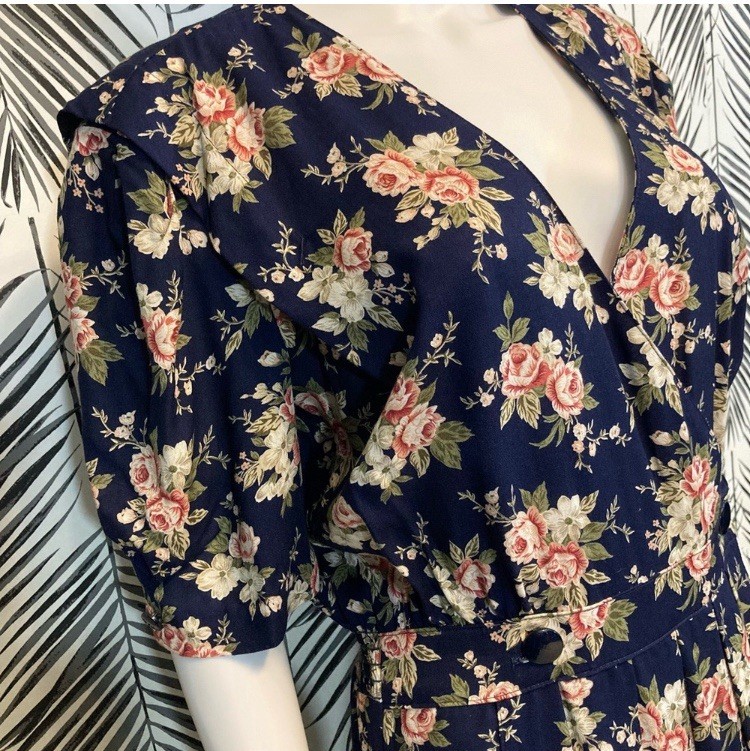 Vintage 1980’s Dark Floral Rose Print Midi Dress, Navy Blue and Pink, Size 12