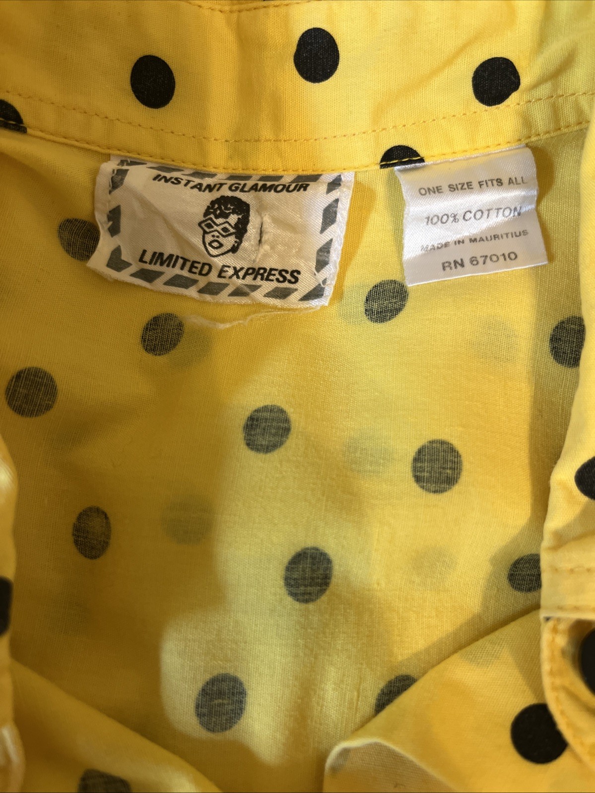 Instant Glamour Vtg 1980&rsquo;s Postmodern Cotton Yellow Shirt Black Polka Dot OS