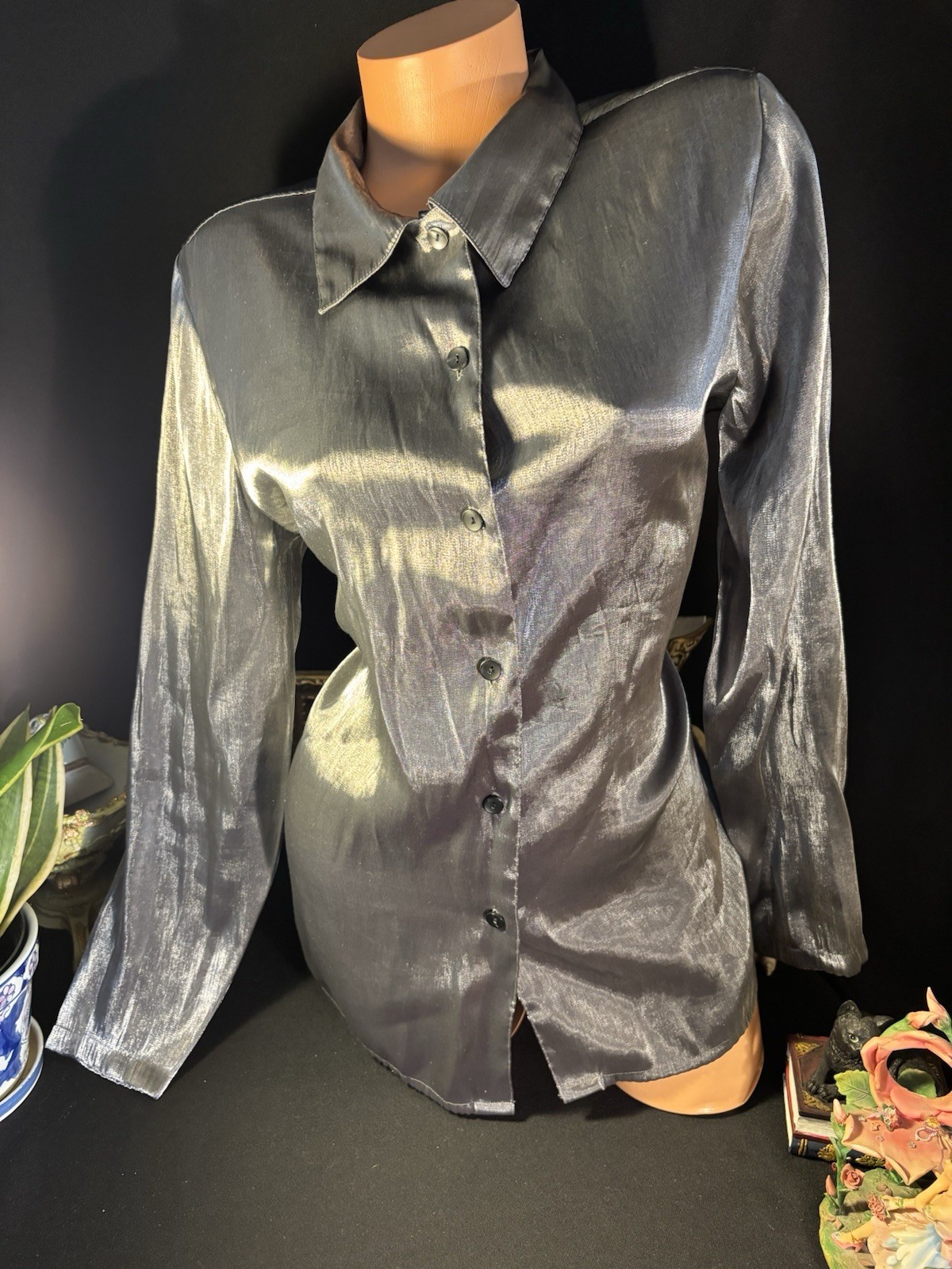 Vtg Satin Secretary Office Button Up Notch Silver Office Y2k Blouse L 42&Prime;