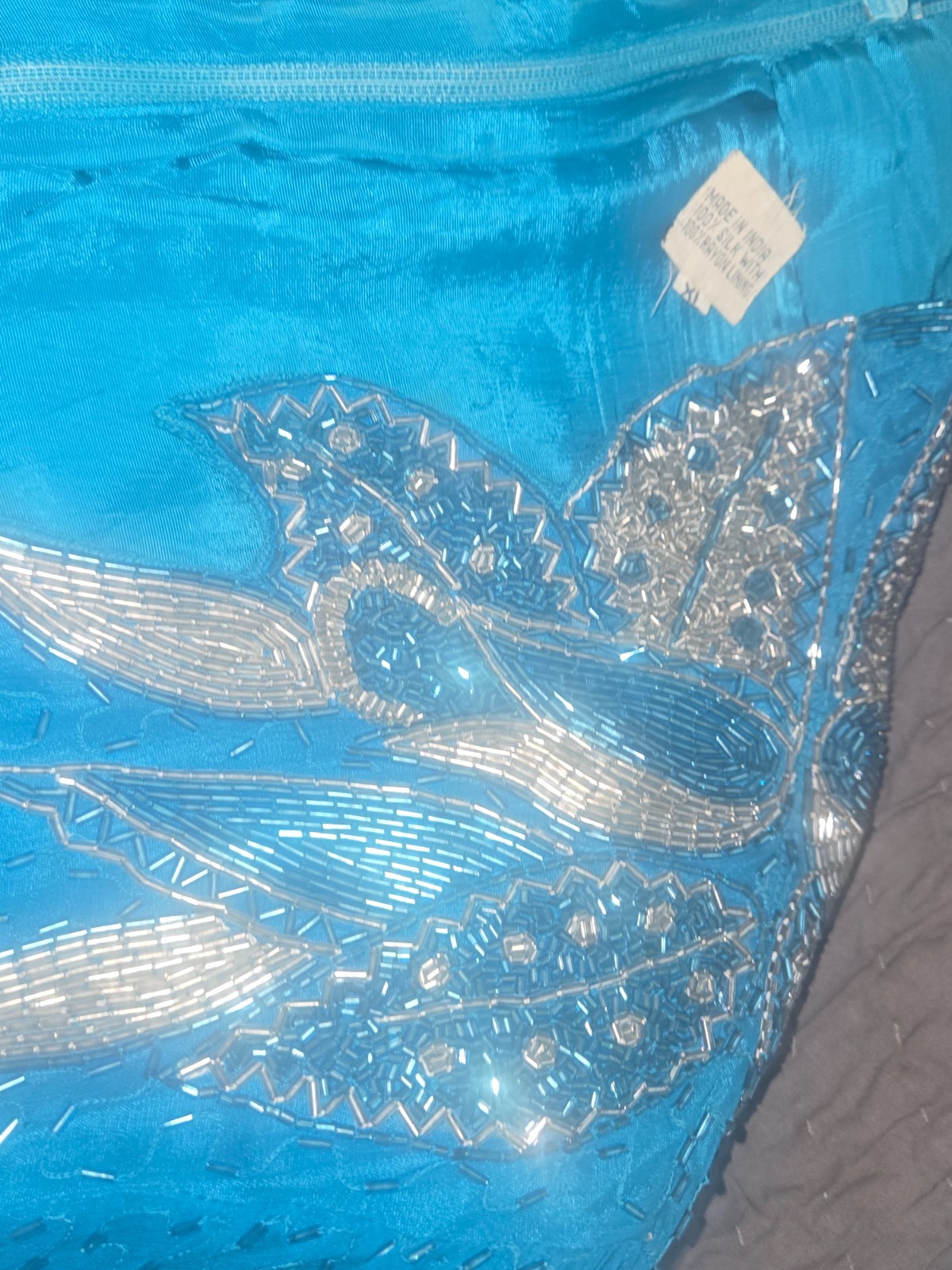 Vintage VINNIE Long Green, Teal, Silk Beaded Dress size XL