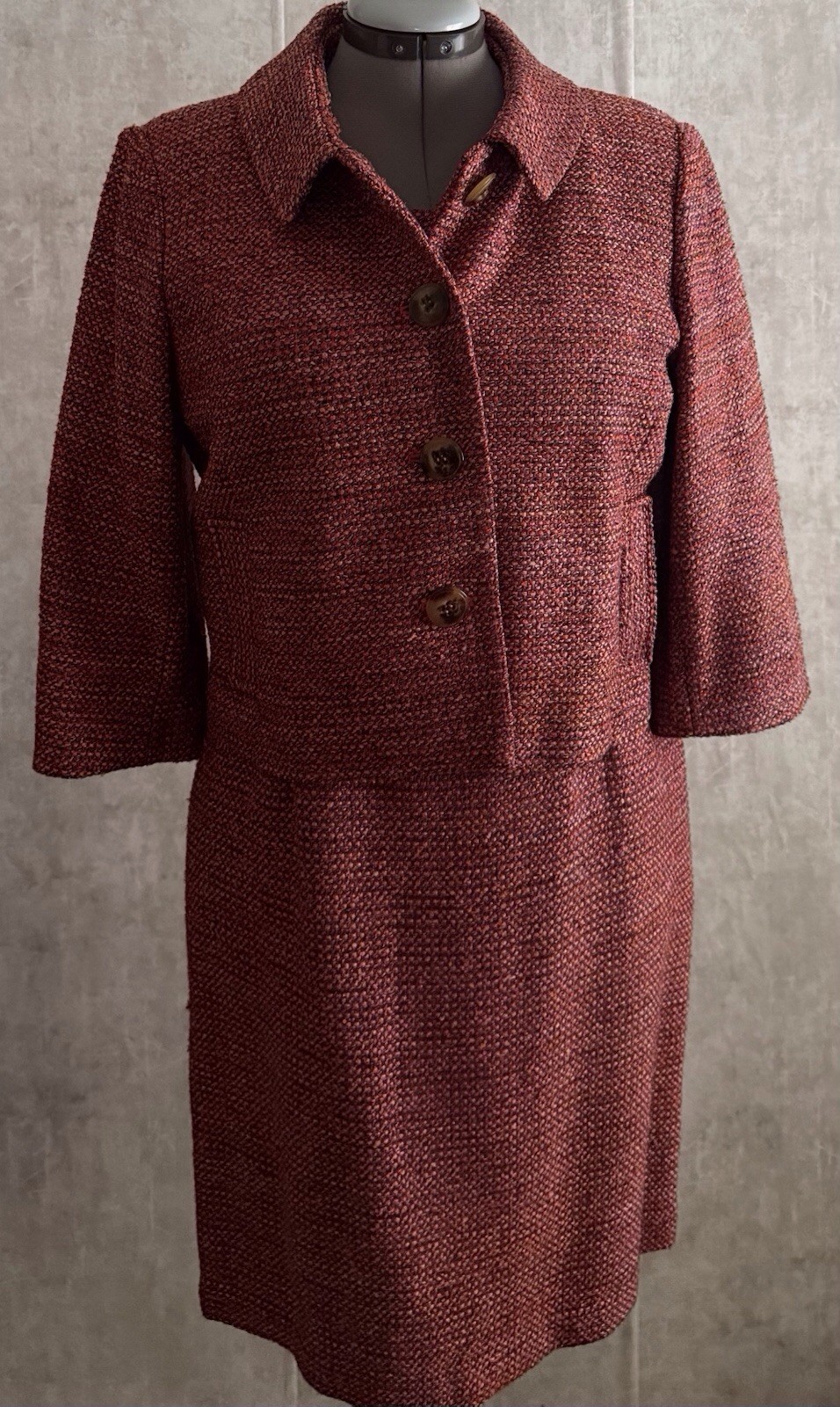 Talbots 2pc Silk Blend Multi Rasberry/Wine Tweed Sheath Dress Jacket Set Sz12P