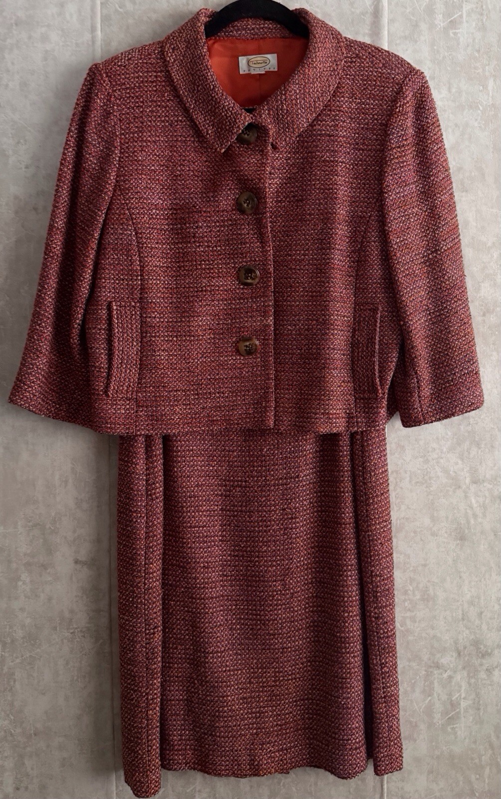 Talbots 2pc Silk Blend Multi Rasberry/Wine Tweed Sheath Dress Jacket Set Sz12P