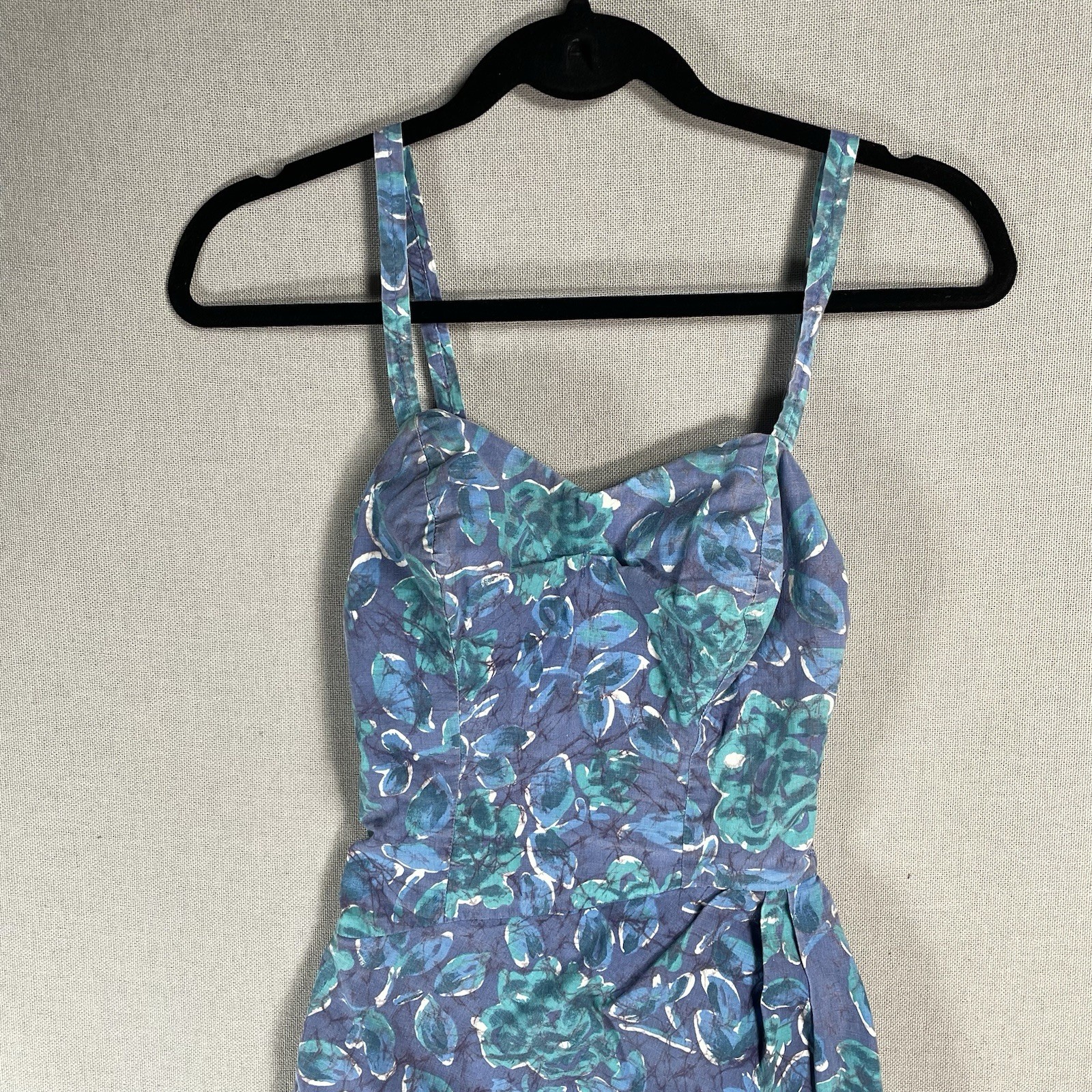 VINTAGE 50s Cotton One Piece Bathing Swimsuit Womens XS Blue Floral Pinup