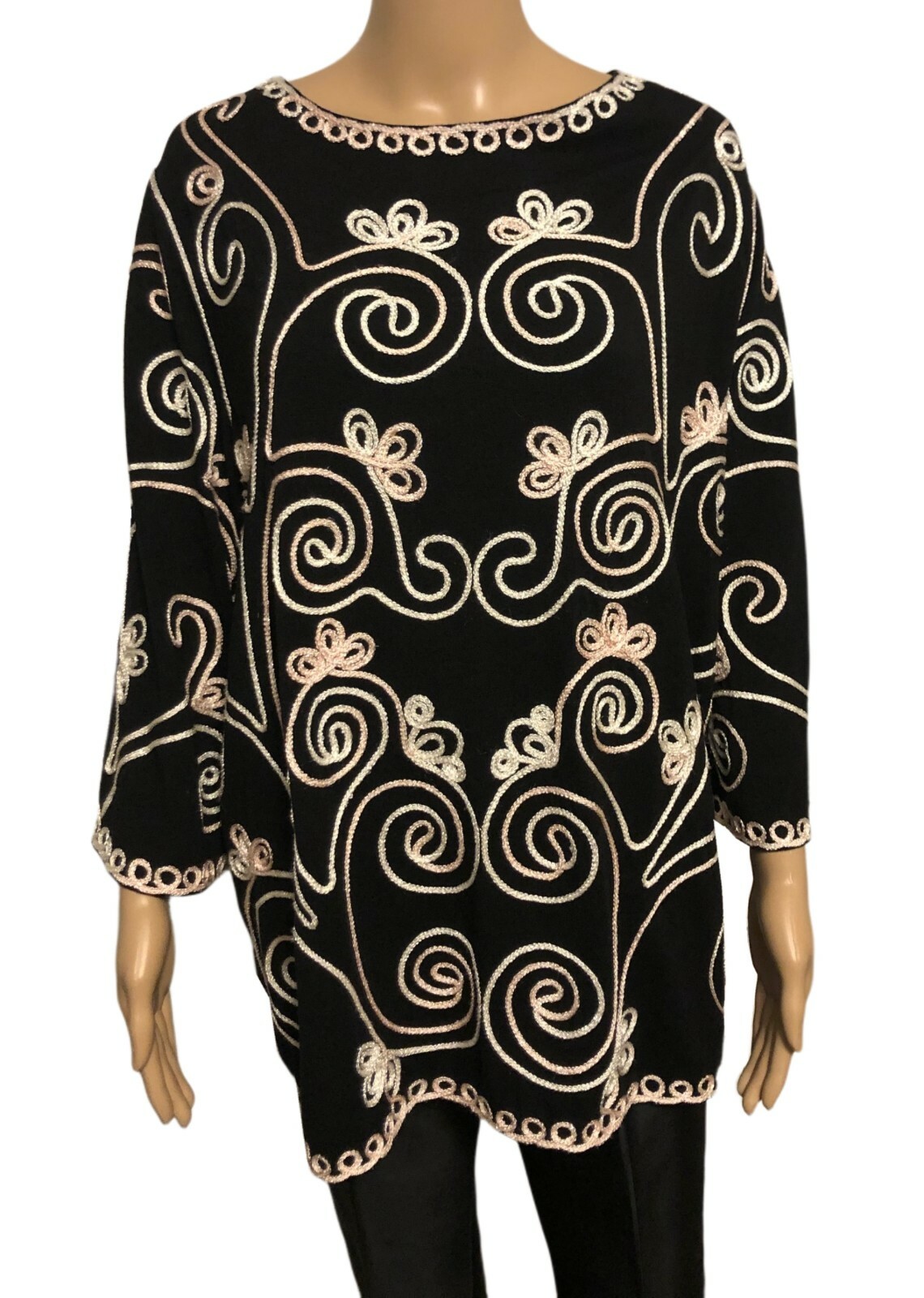 vtg MAGGIE BARNES Soutache Tunic Top 2X Black Stretch Knit Party/Cocktail