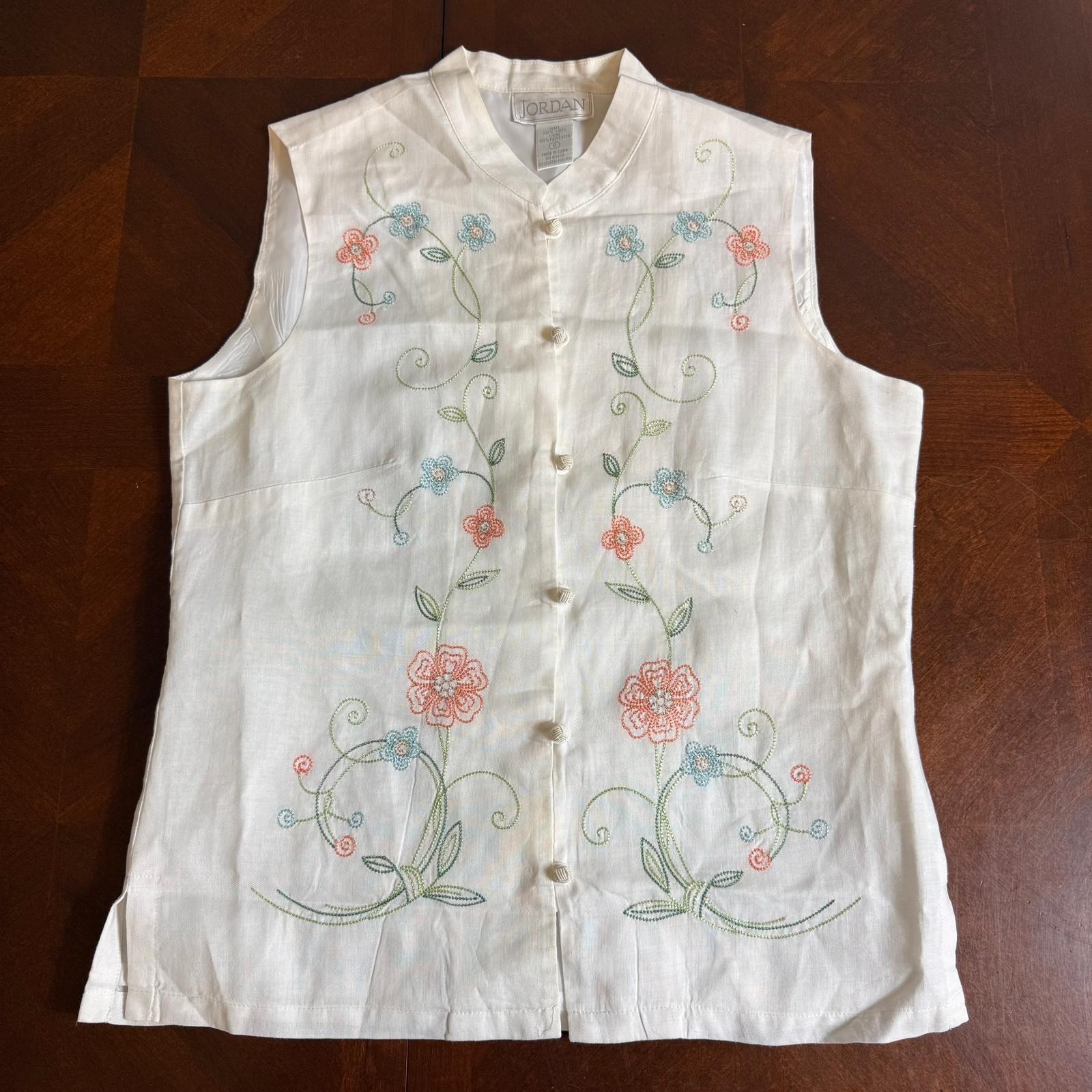 VTG Jordan Linen Boho Romantic Floral Waistcoat Women’s S Embroidered Vest
