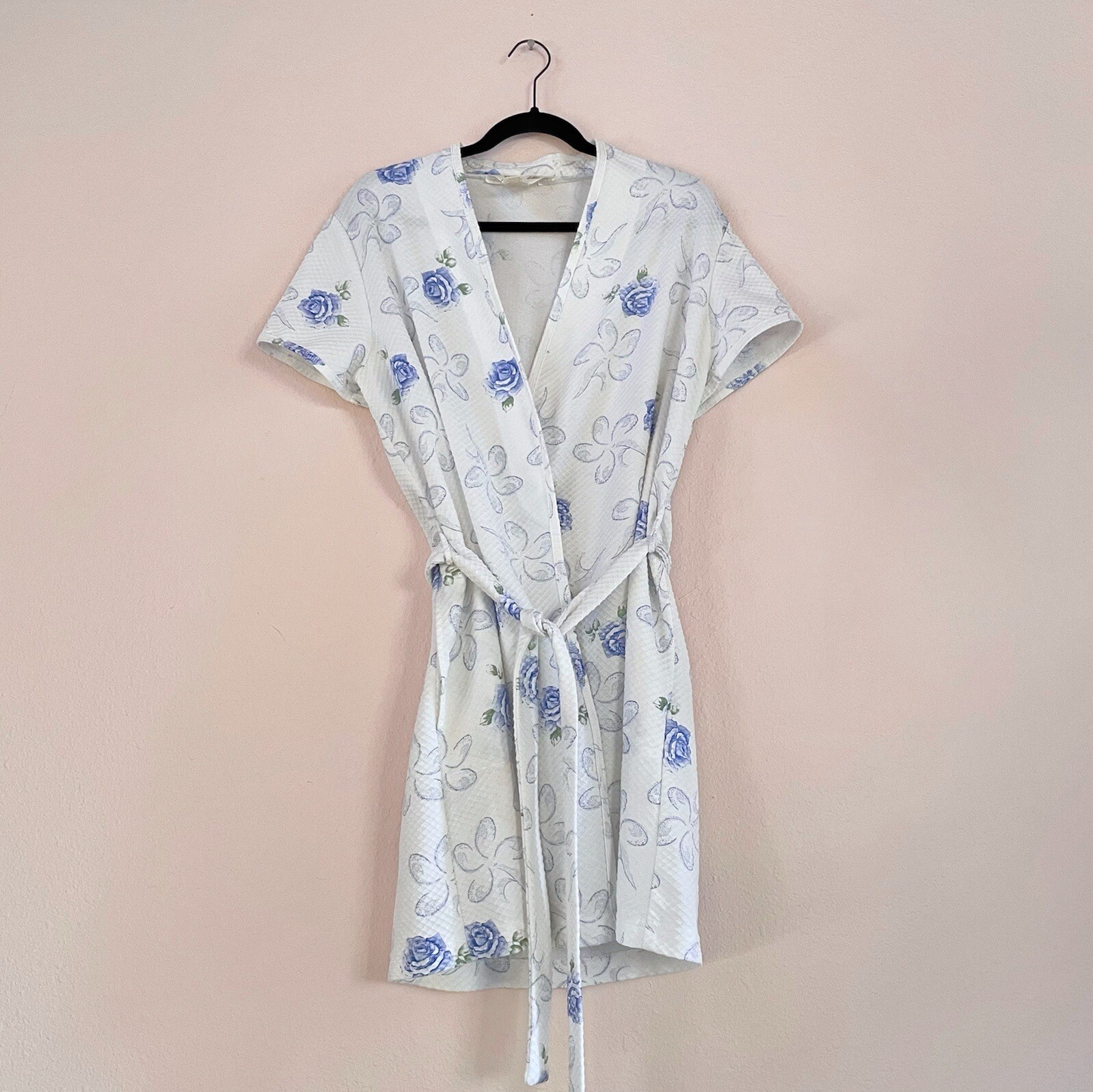 Vintage White & Blue Floral Rose Diamond Tea Short Robe M Lingerie Saks