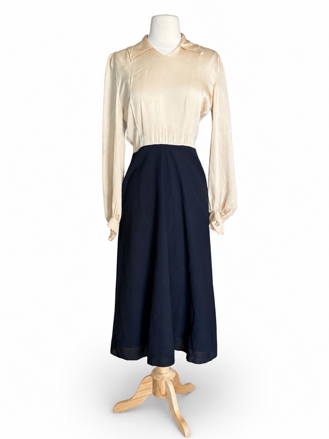 Vintage 1930s 1940s Dress Two-Tone Cream & Navy Blue Bishop Sleeves