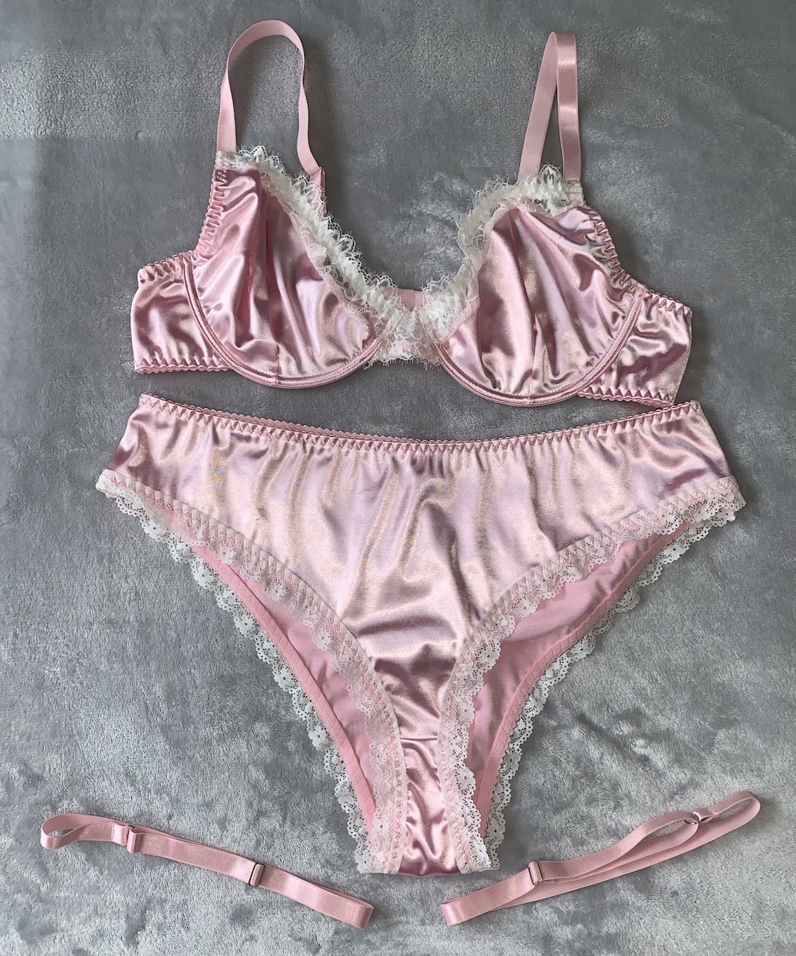NEW 3X Glossy 2nd Skin Satin Bra Panties Garter Belt 5pc Set Plus sz