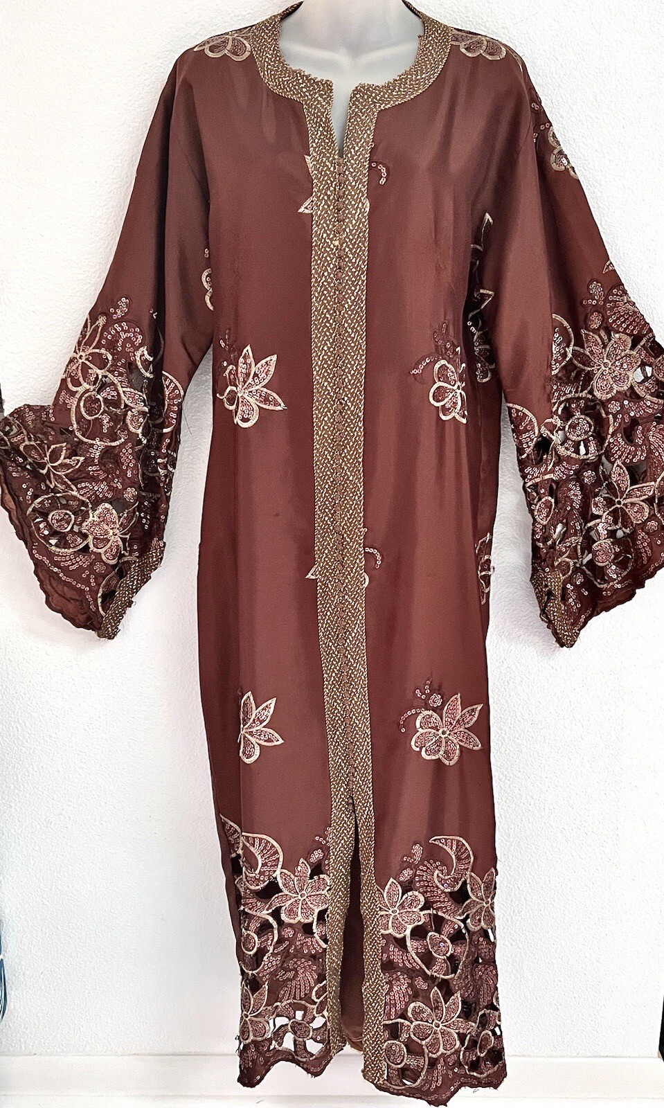 VINTAGE*MOROCCAN LONG BRONZE /SEQUIN djellaba*CAFTAN GOWN DRESS~M/L