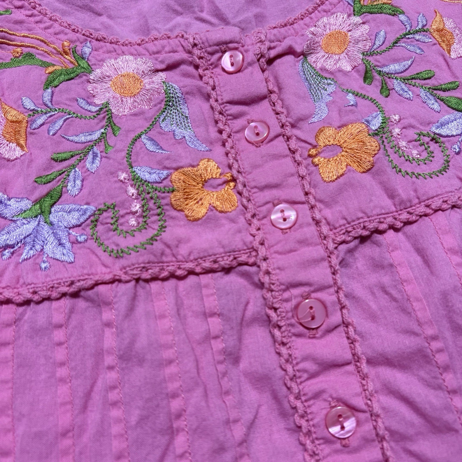 Vintage Style Cottagecore Fuchsia Pink Embroidered Sleep Night Dress 100% Cotton