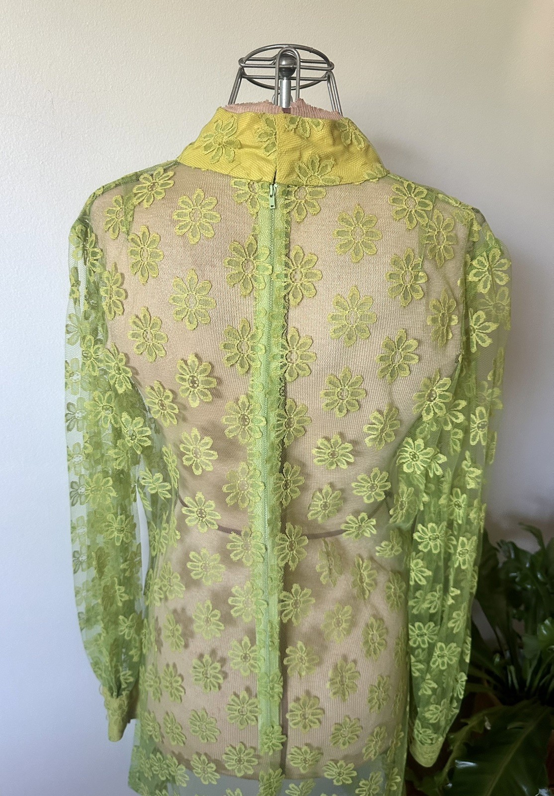 60’s MCM Avocado Green & Yellow Daisy Lace Dress