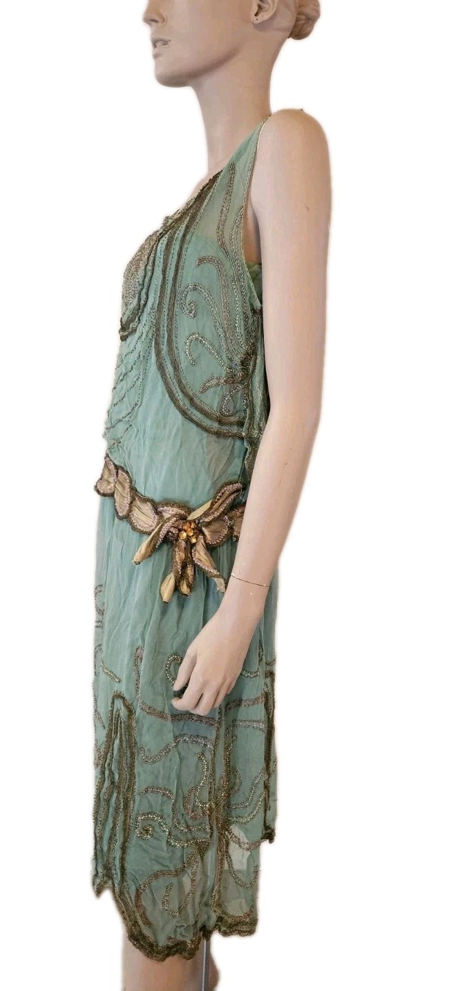 Antique 1920s French Beaded Flapper Dress Gold Lace Vintage Art Deco Bust 36