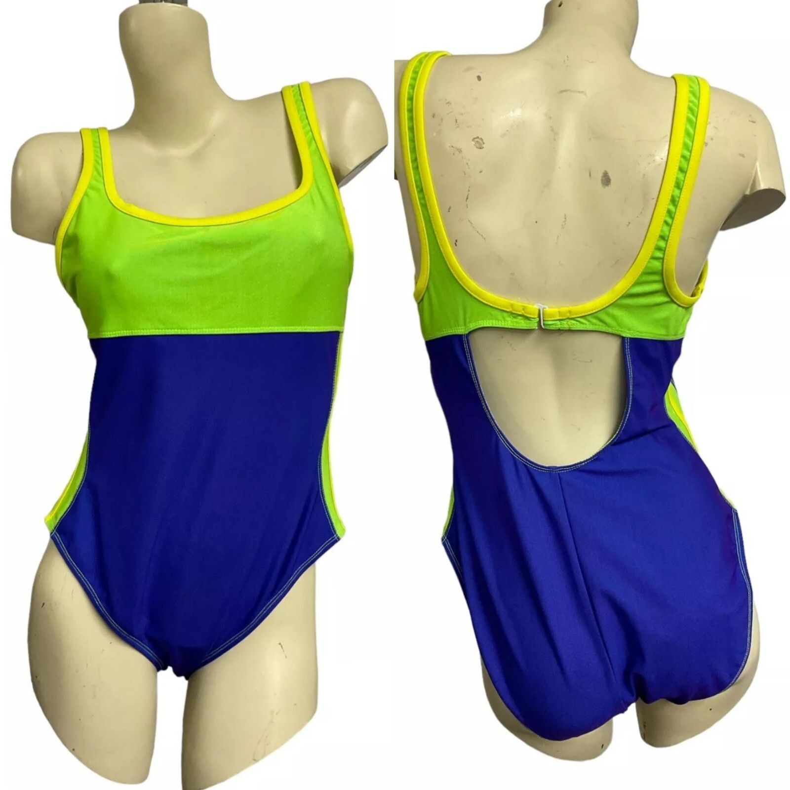 Vtg 90s One Piece Swimsuit Neon Color Block Green Blue Square Neck Via Marina L