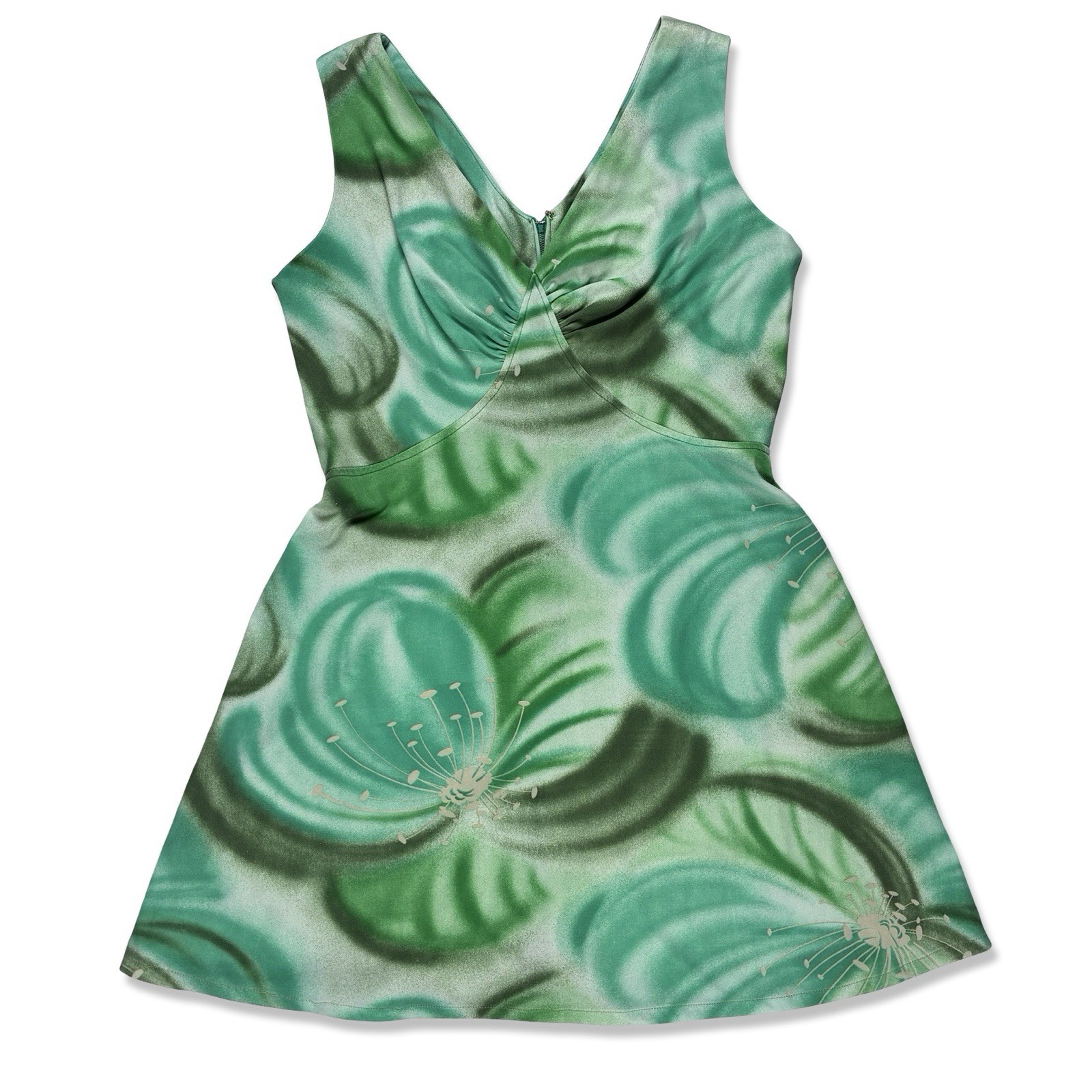Vintage 60s 70s Women&rsquo;s Green Floral V-Neck Dress Mod Gogo 16