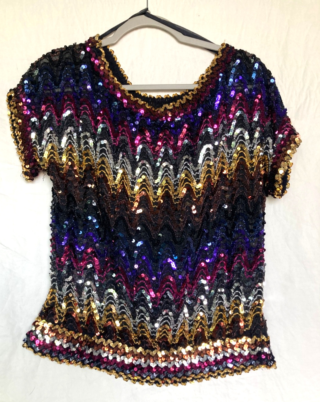 RIO Sheer Sequin Top 1970s Vintage Colorful Rainbow Sparkly Disco Glam L RARE