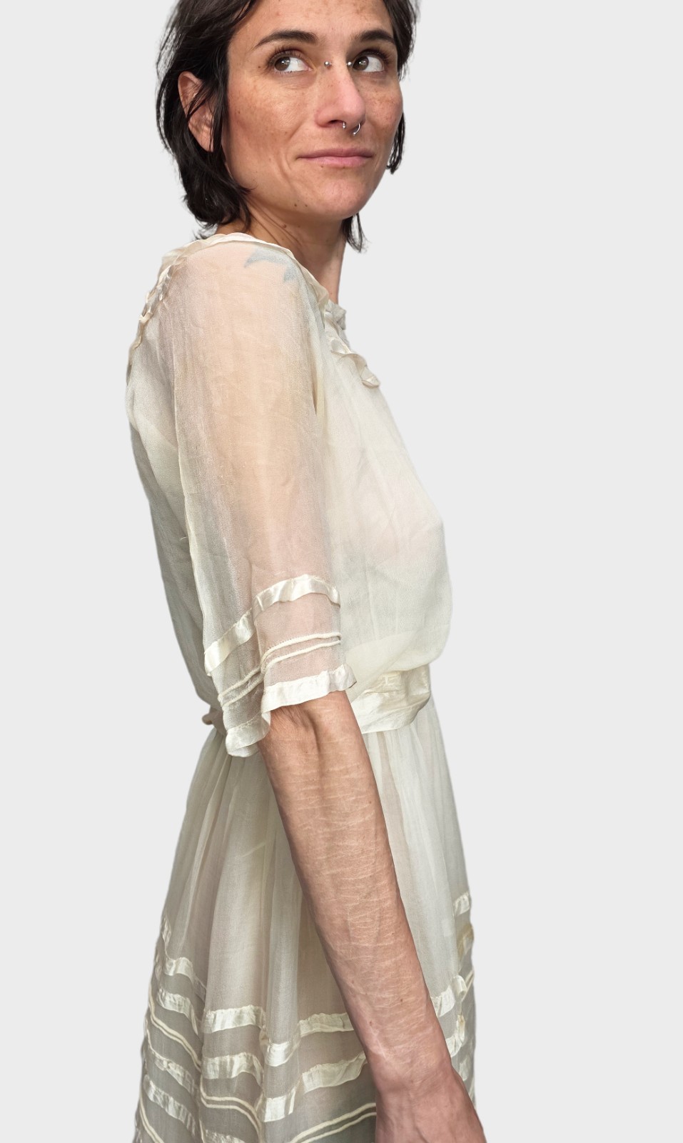 1910s Ivory Silk Chiffon Dress | Edwardian Tea Dress | Sheer Ribbon Trim Antique