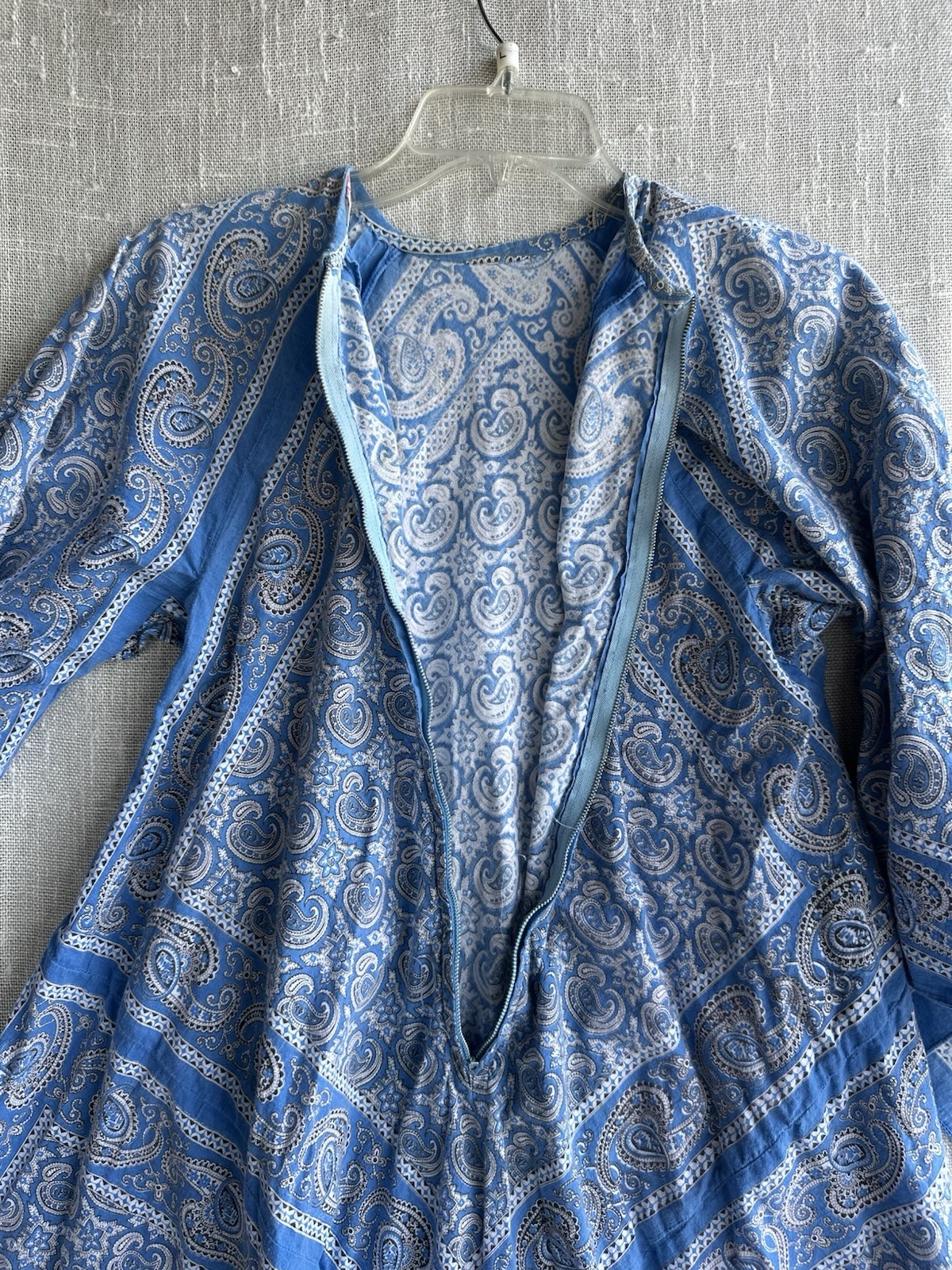 Vintage 70s Flowy Blue Paisley Bandana Boho Cotton Kaftan Maxi Dress One Size