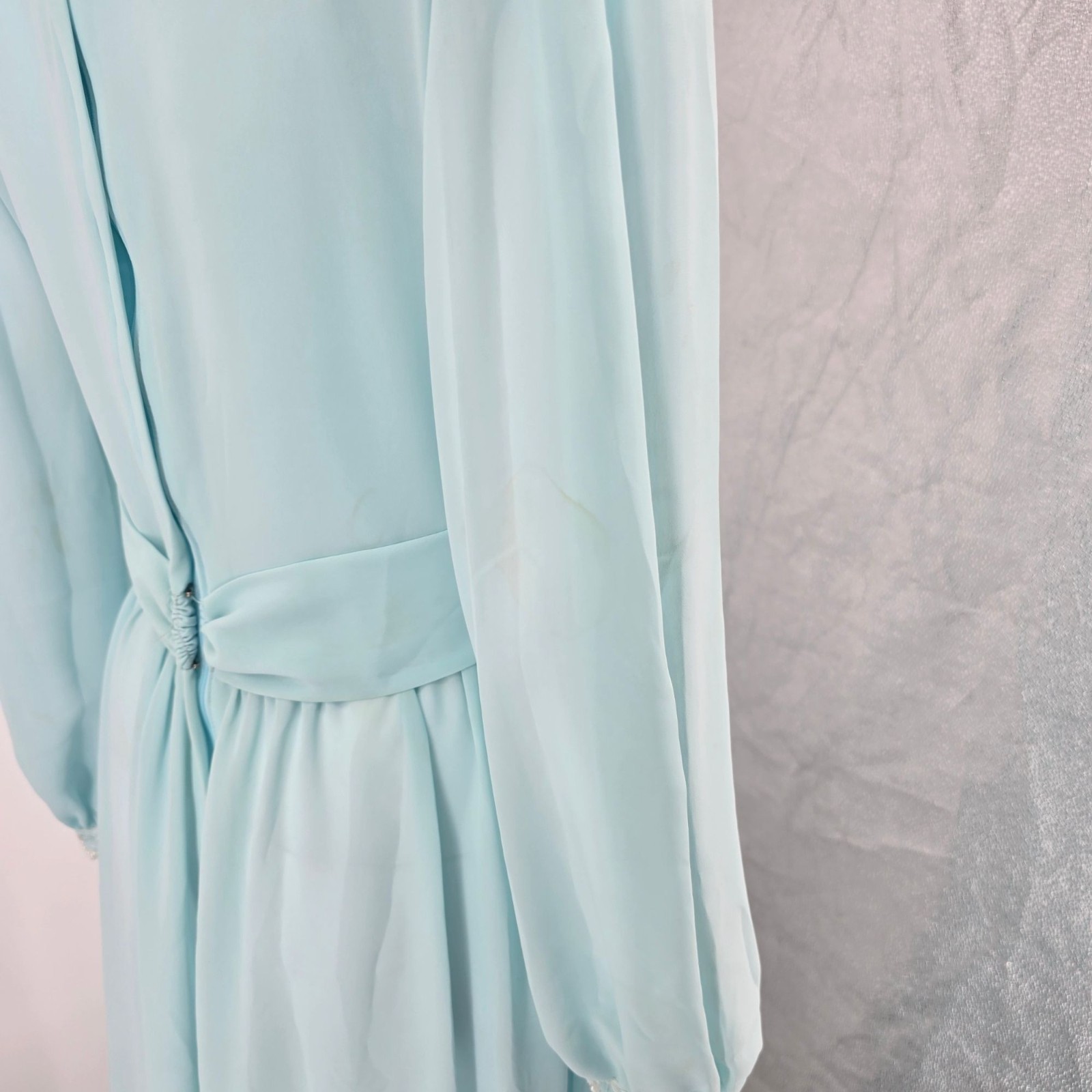 Vintage 1970s Powder Blue Chiffon Beaded Bodice Formal Maxi Dress/Gown (M)
