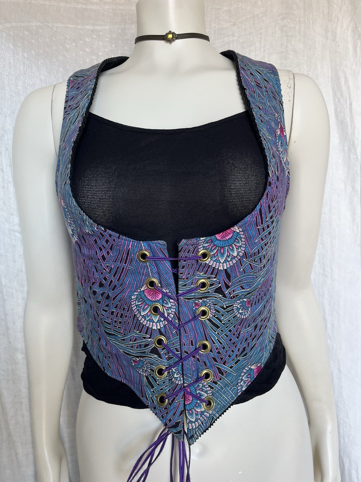 Vintage 70s Corset Vest Underbust Waistcoat Handmade Reversible Goth Festival S