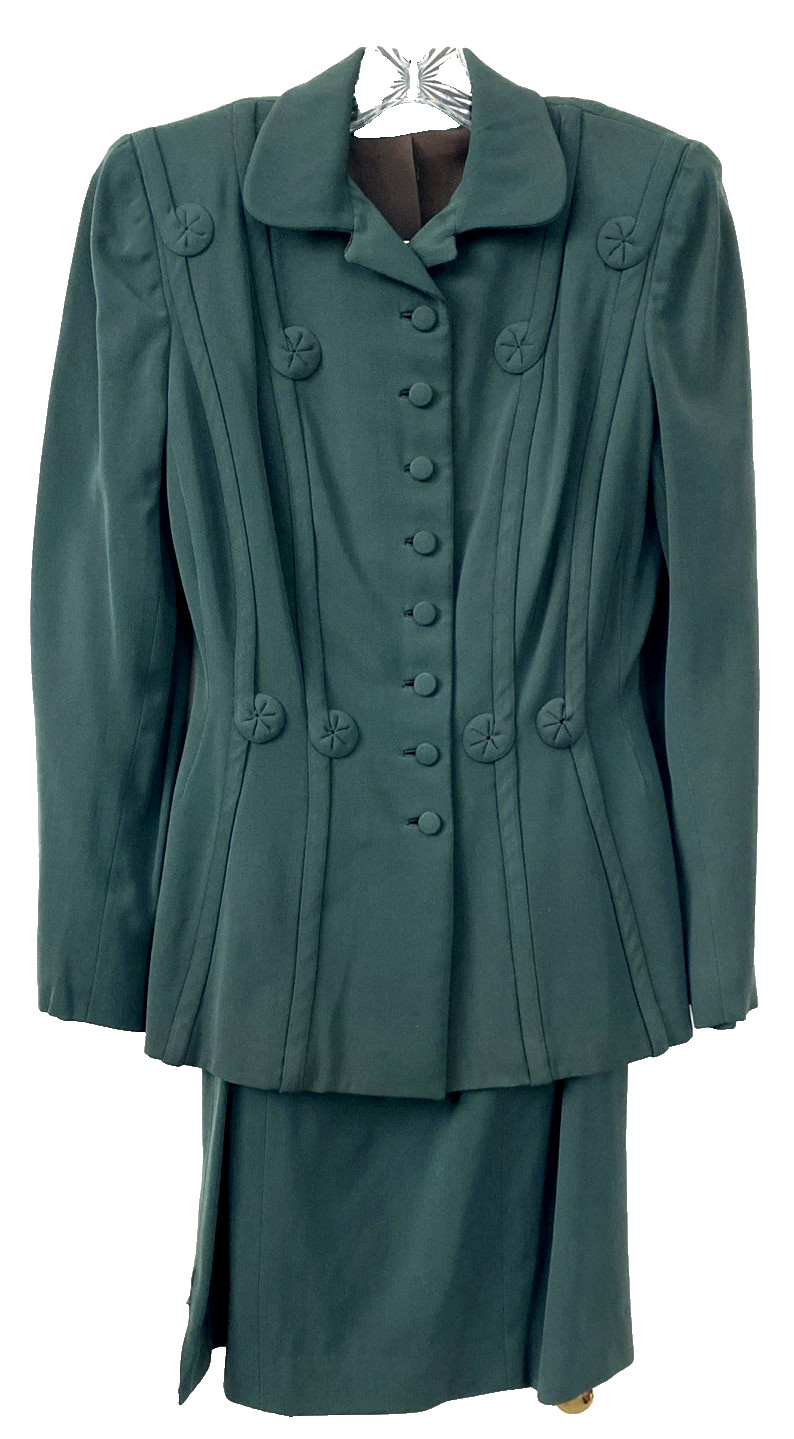 Vtg 40’s FORSTMANN Green Wool Gabardine Nipped 27&Prime; Waist Suit Jacket Skirt RARE
