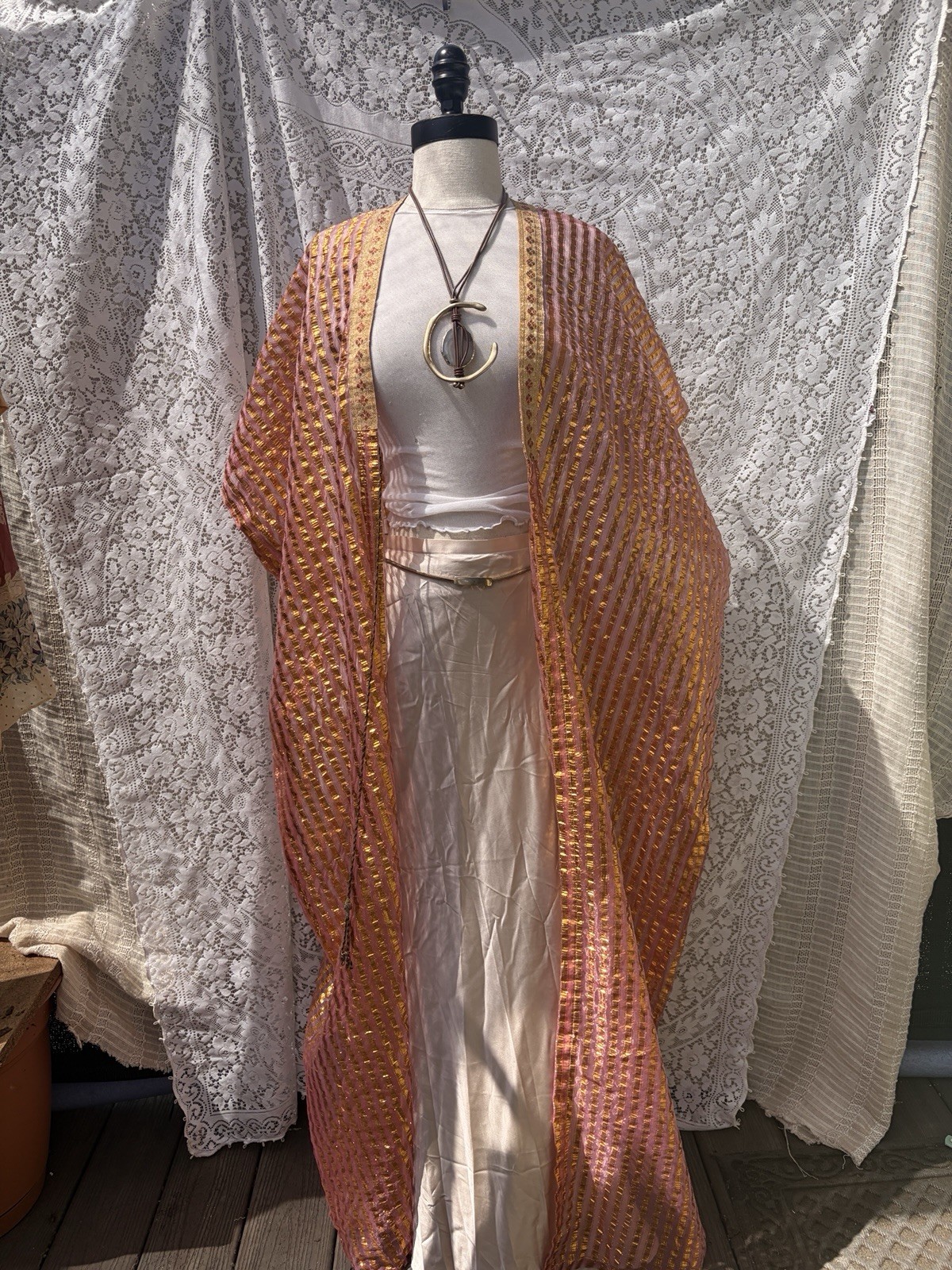 Vintage 70s Pink Gold Metallic Stripe Maxi Robe Duster Boho Disco Womens