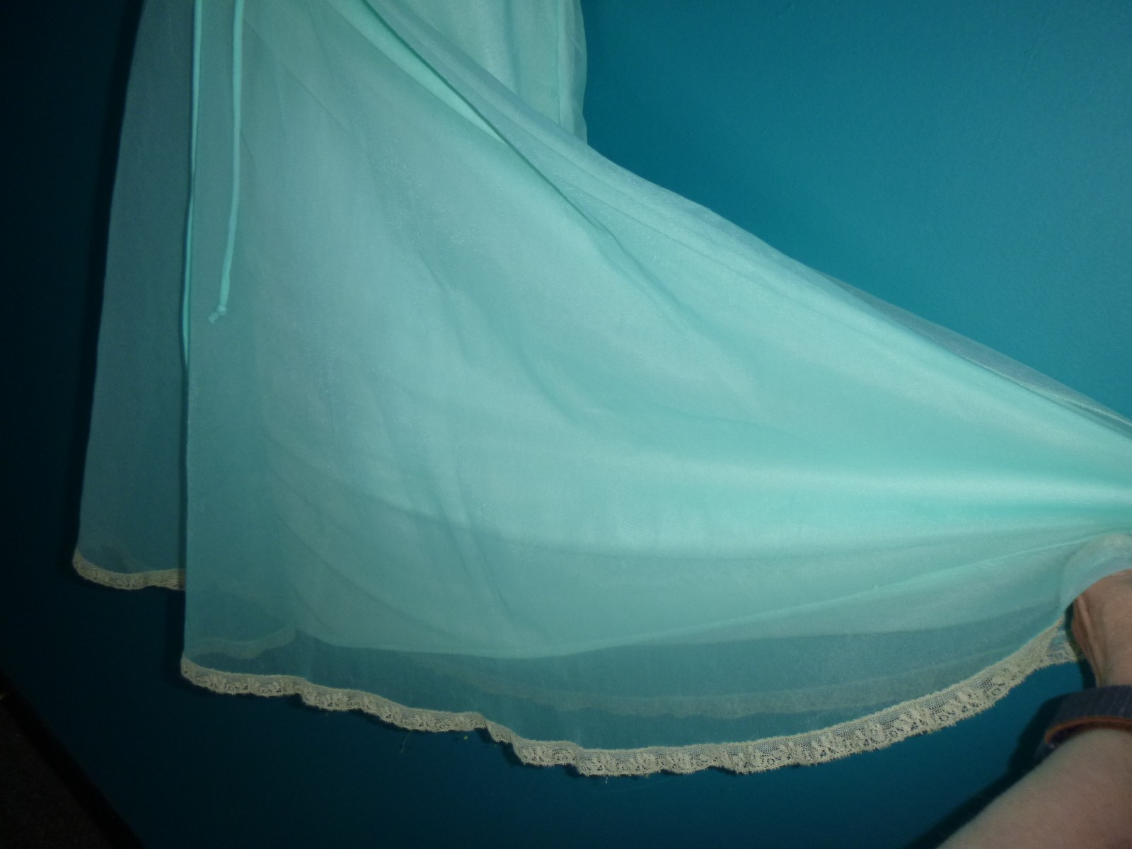 Vtg 60s Olga Sleeping Pretty Nightgown Aqua Double Layer Nylon Chiffon Sz M