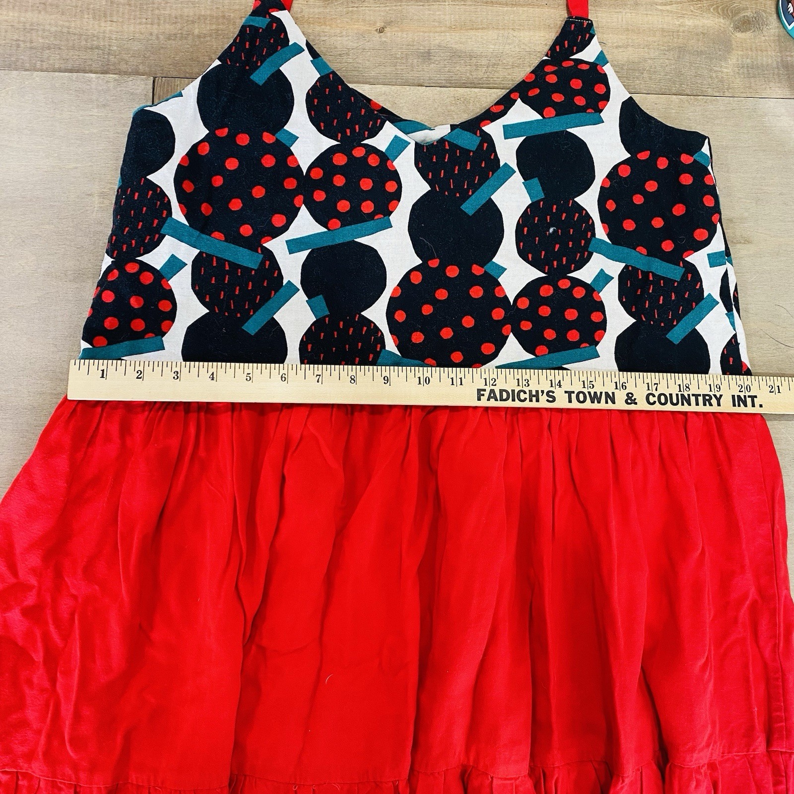 Vintage Handmade V Neck Maxi Dress Red Modern Print Tiered Skirt Size L