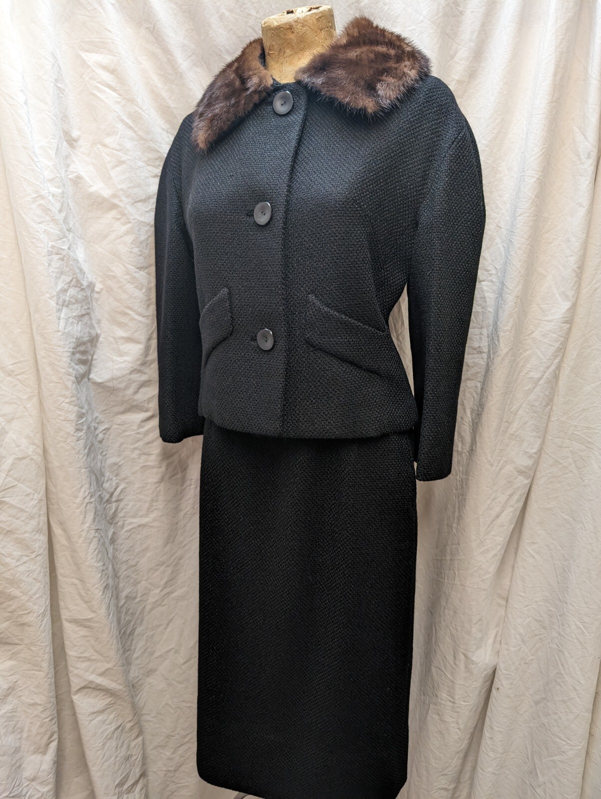 Vtg 1950s Black Wool & Brown Mink Skirt Suit by Forstmann for Joseph Magnin S