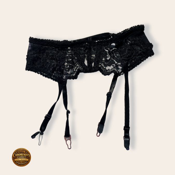 Vintage 1990s Shirley of Hollywood Black Lace Garter Belt Metal Hardware OSFM
