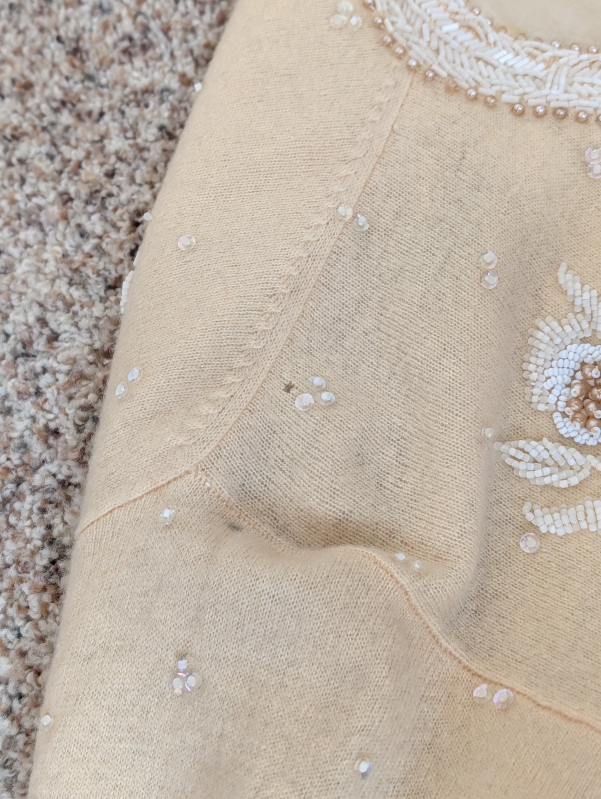 Vintage 1950s Hand Beaded Cardigan Cream With White Floral Beading Size Small