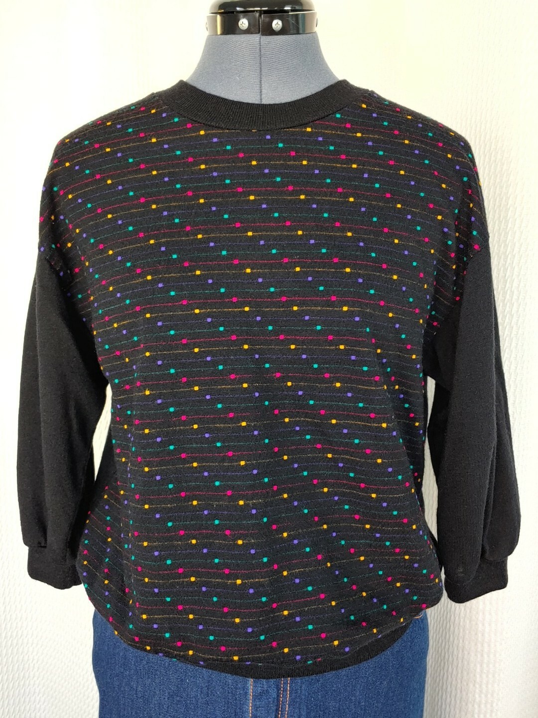 Vintage Black Top with Pink/Teal/Purple/Yellow Dots & Stripes 36&Prime; Bust Sz SM?