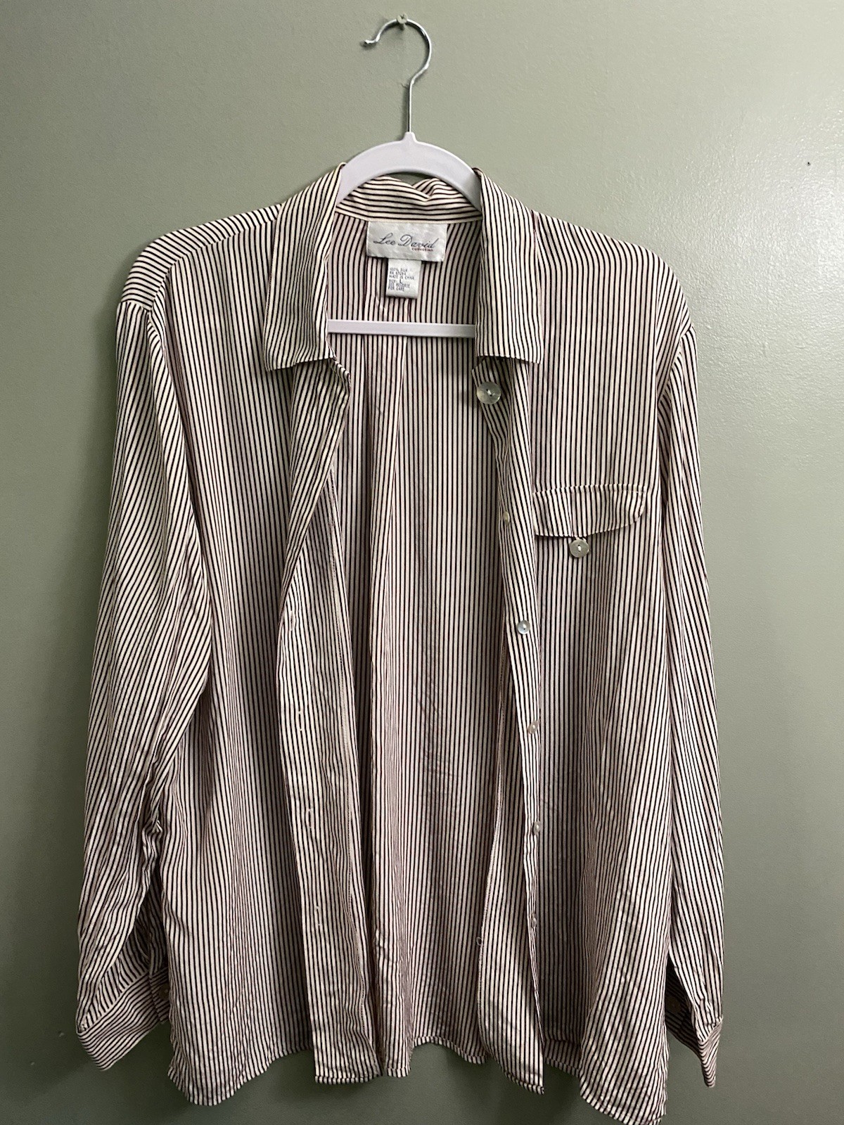 Vintage Lee David Woman Collection L 100% Silk Striped Front Pockets Shirt Top