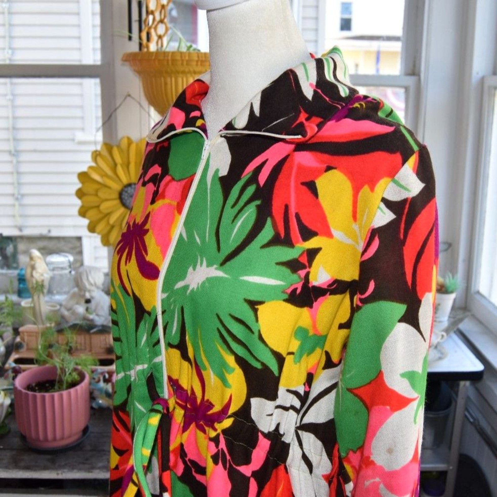 Vintage 70s Lounges Hawaiian Floral Maxi Dress Zip Front Drawstring USA Medium