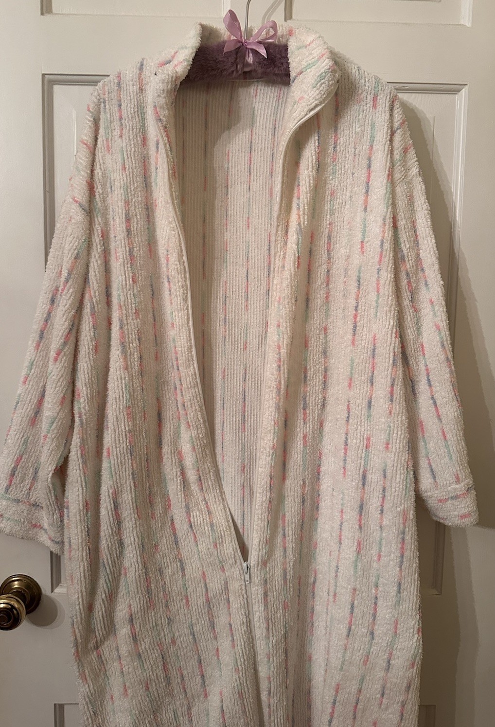 Vtg Stan Herman Chenille Zip Robe White Multicolor Striped Housecoat Pockets M L