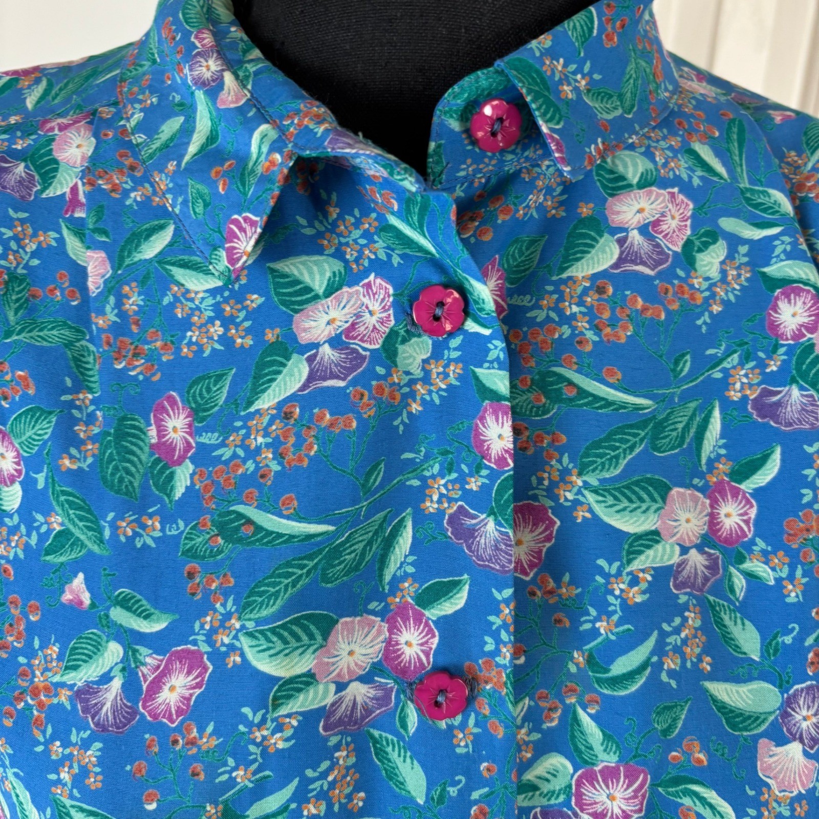 Belle France Jane Schaffhausen Vintage Blue Floral Button Up Blouse Womens 8