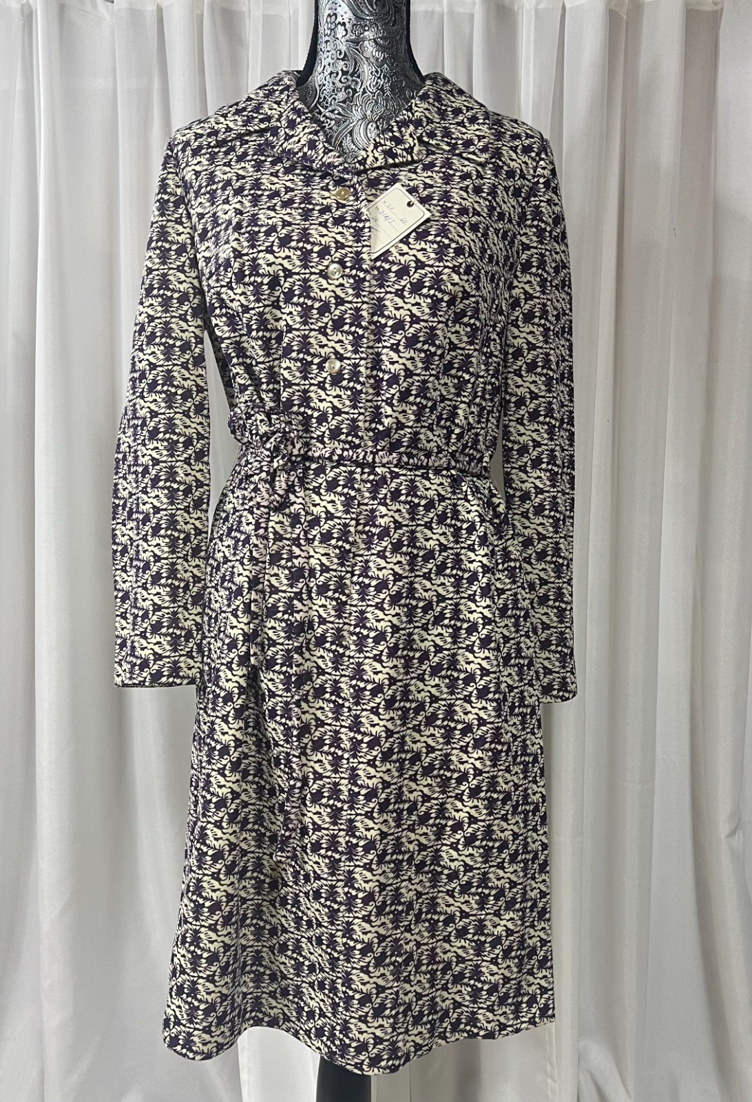 Dacron 70s 80s Polyester Shirtdress Midi Long Sleeve Patterned EU 44 L