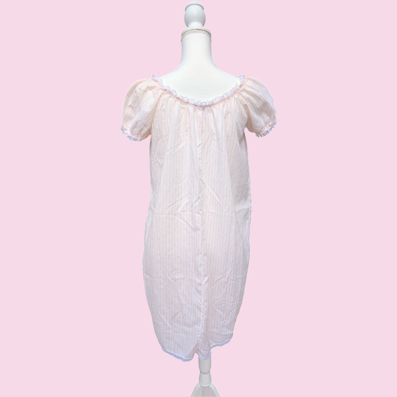 Vintage 80s Miss Elaine Nightgown Pink Stripe Lace Union Made USA Puff Sleeve S