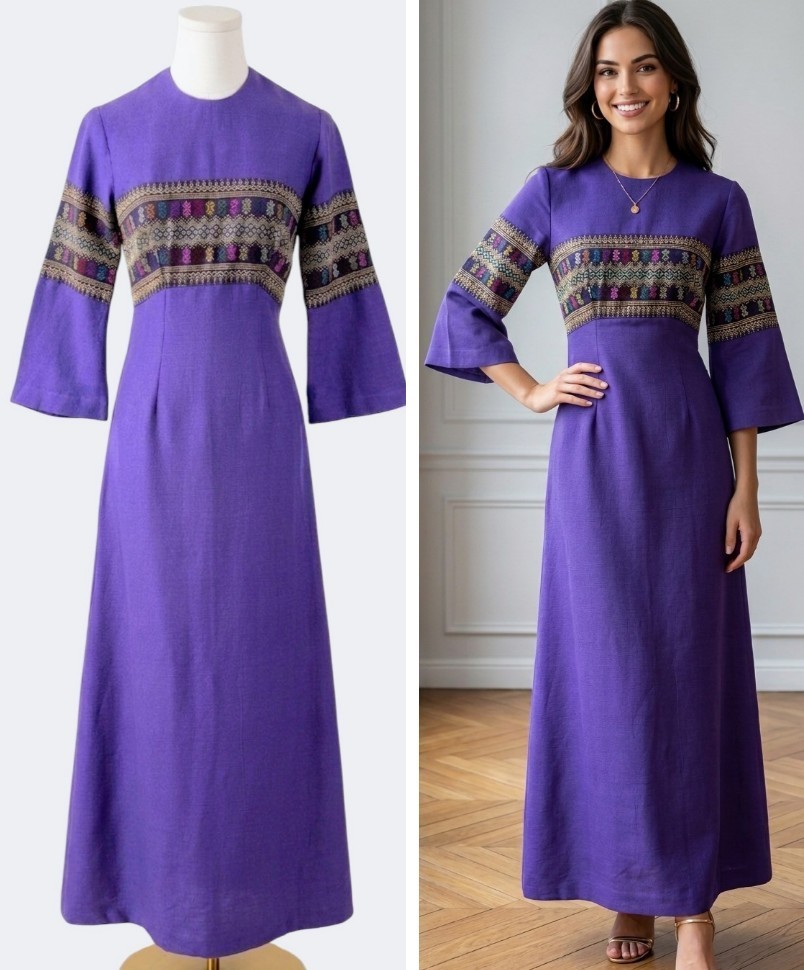 Vintage 70&rsquo;s Bohemian Tapestry Bell Sleeves Empire Maxi Dress XS Renaissance