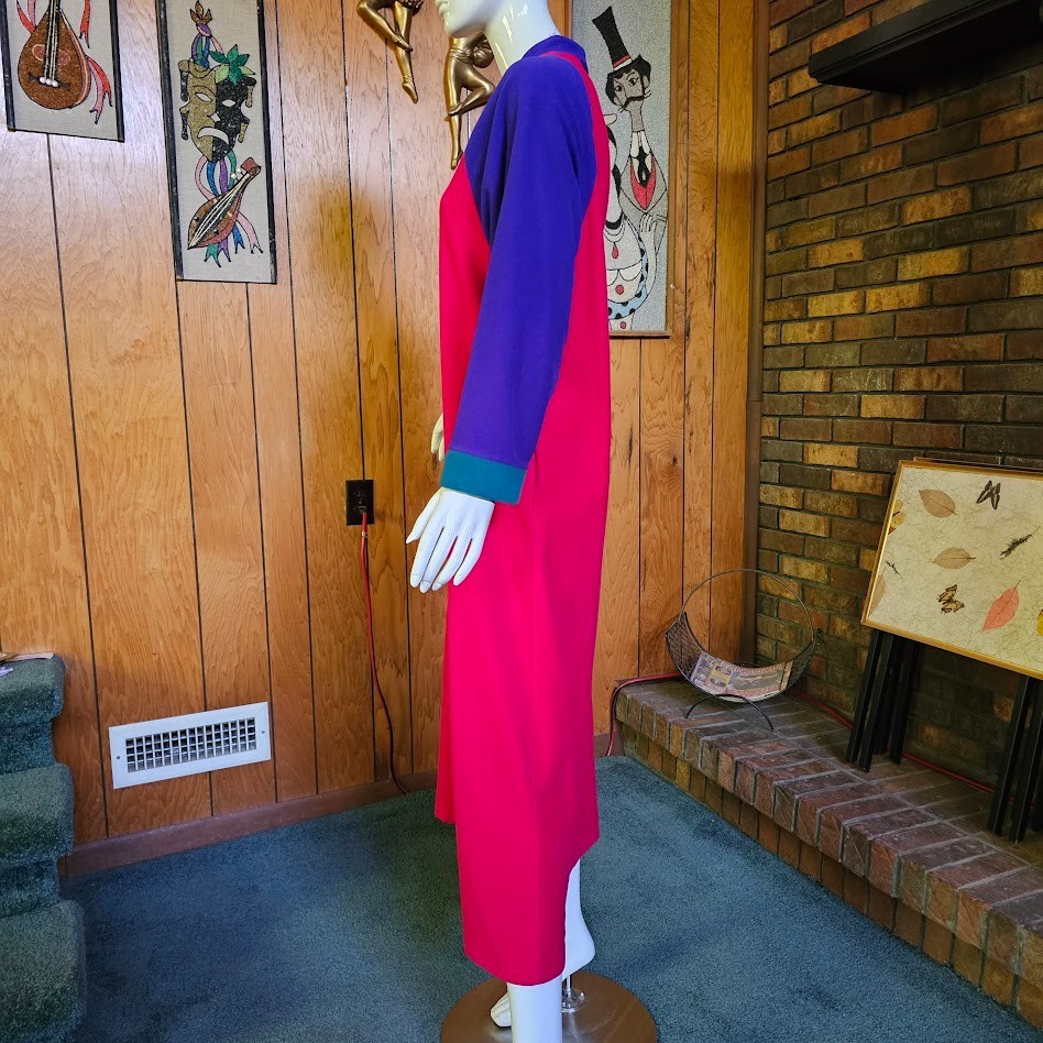 Vtg 80s New Wave Vanity Fair Colorblock Fleece Lounge Maxi Dress Caftan P M/L